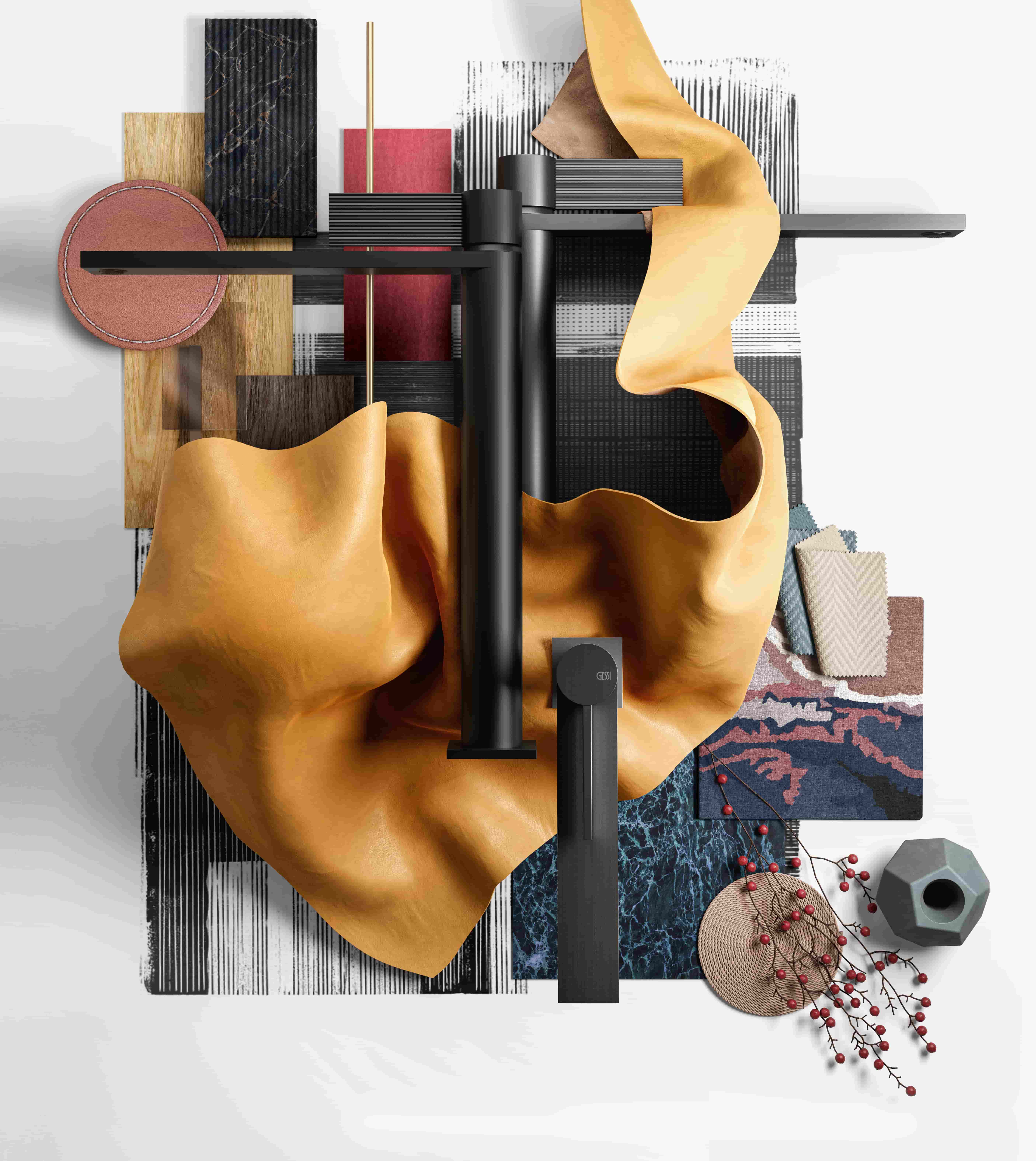 Gessi Inverso moodboard met zwarte kraan, okergele materialen en marmeren tegels