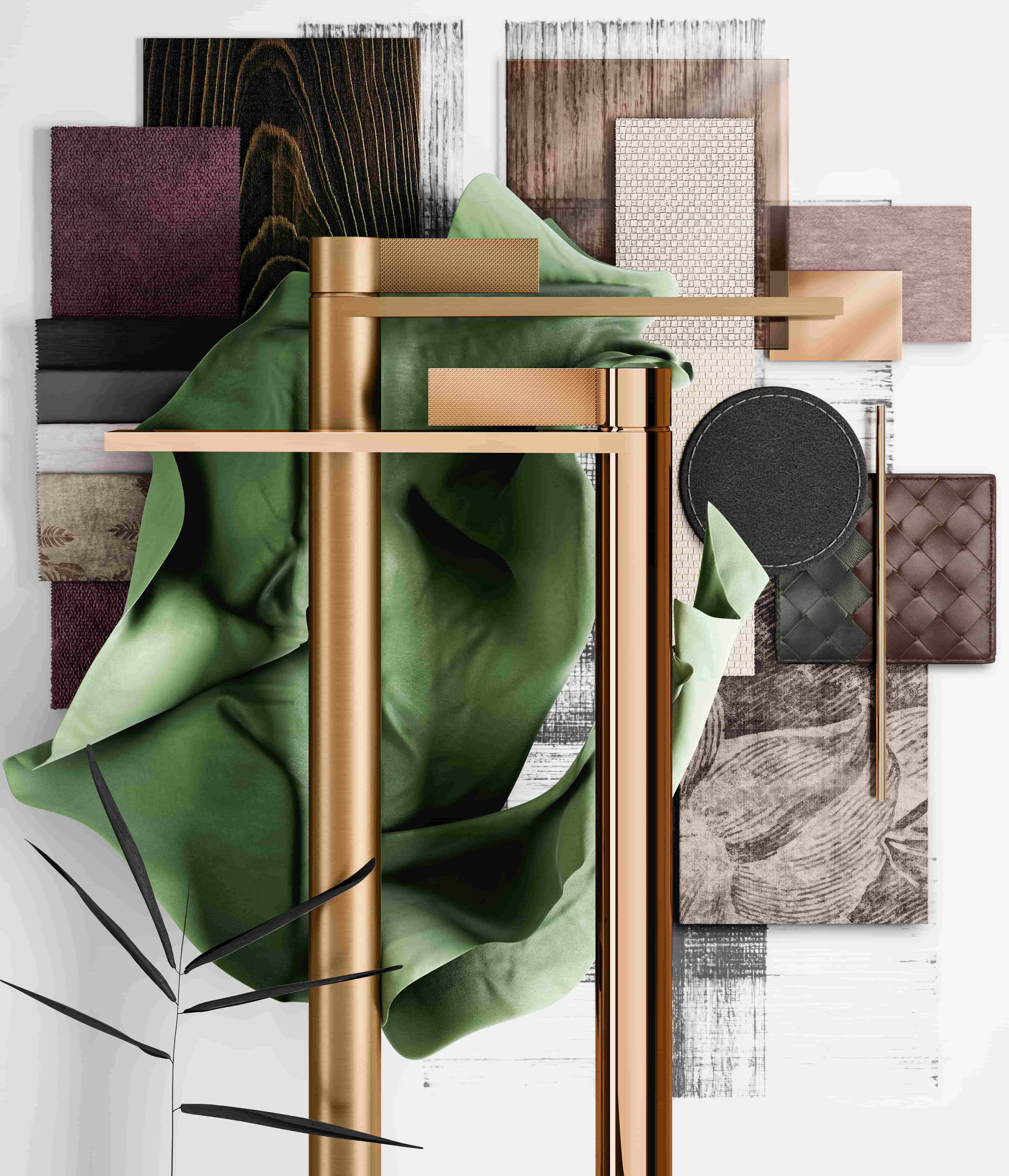 Gessi Inverso moodboard met materialen, kleuren en goudkleurige kraanonderdelen
