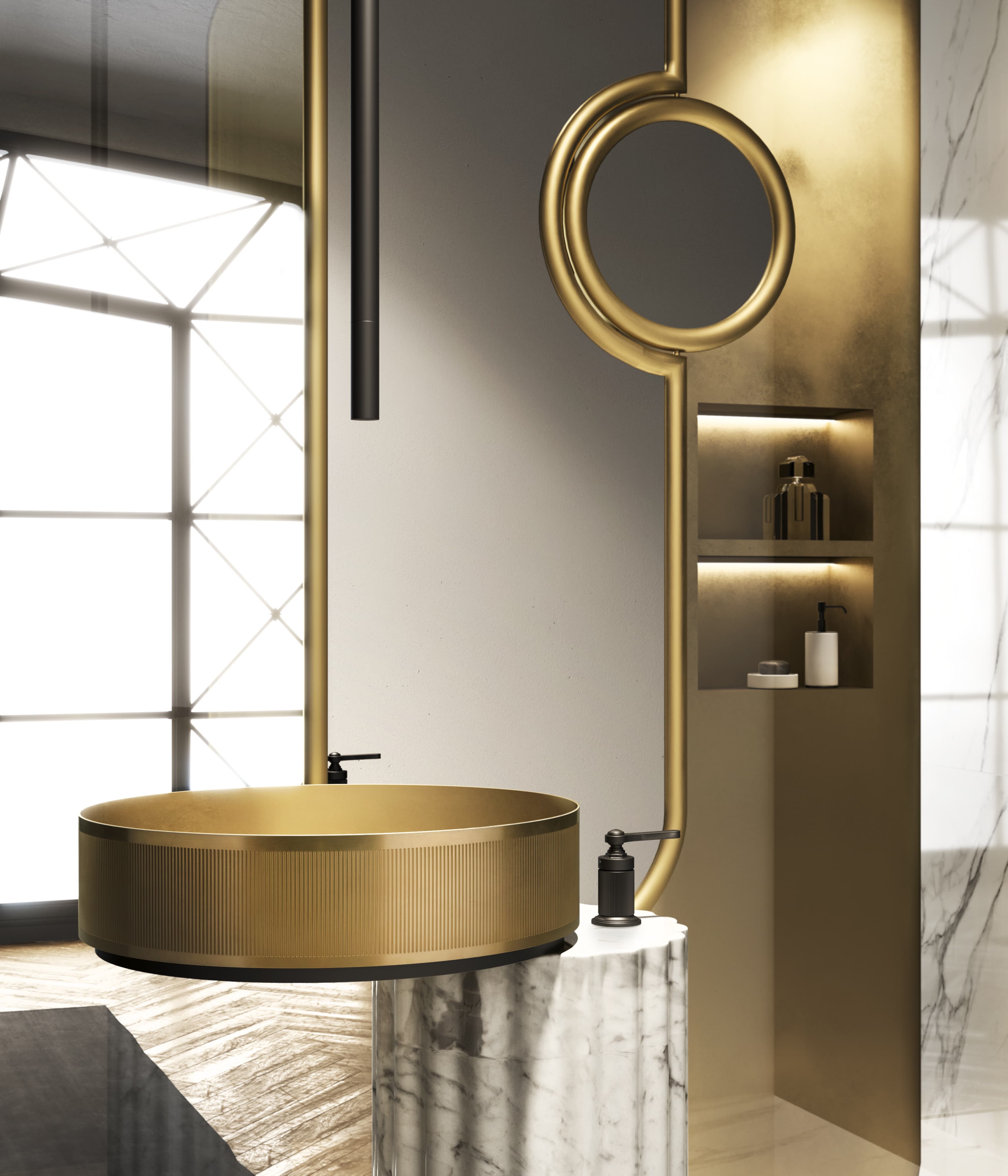 Gessi Venti20 ronde gouden waskom op marmeren sokkel met decoratieve spiegelring