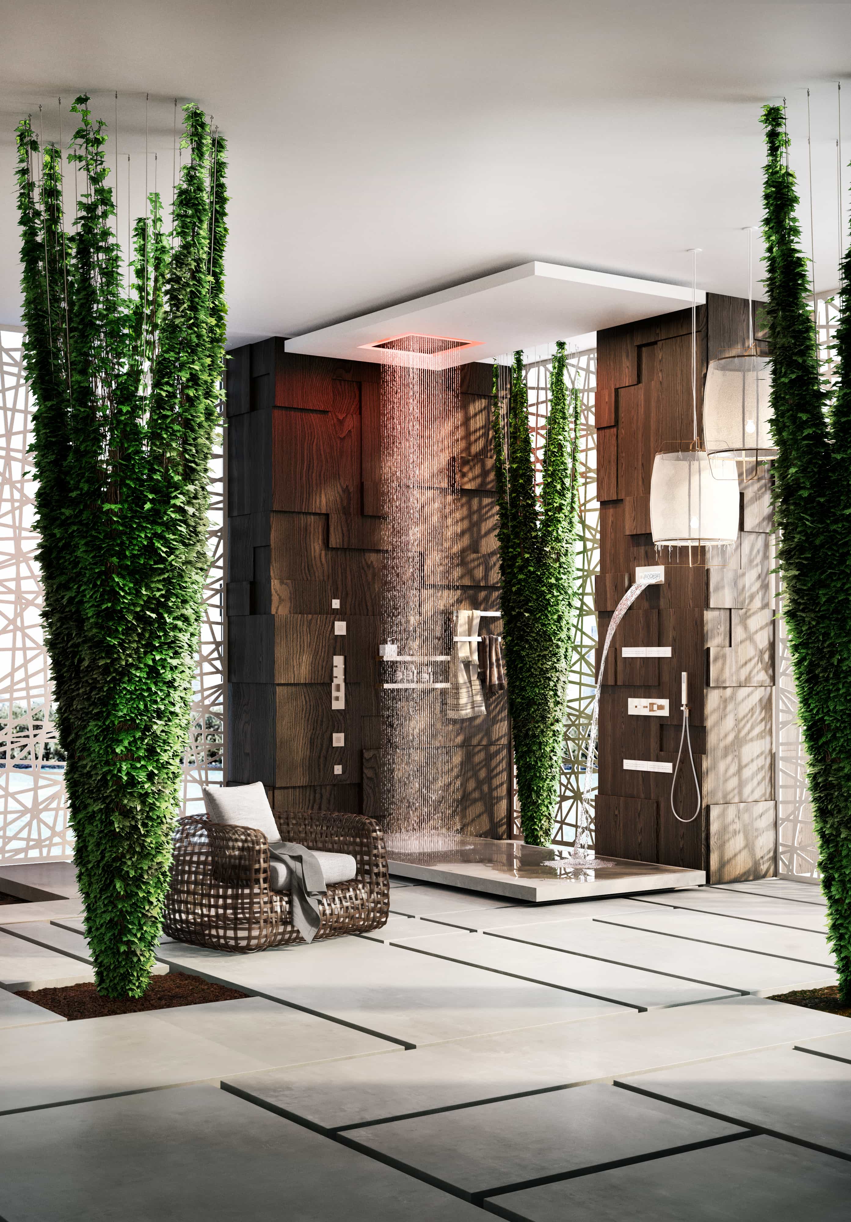 Gessi Afilo douche omgeven door hangplanten in buitenruimte