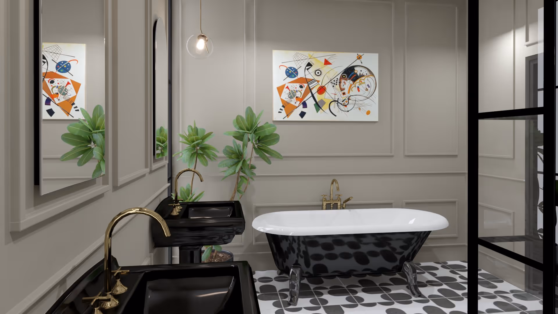 Eclectische badkamer in Haarlem met vrijstaand bad op zwarte pootjes en zwarte wastafel met gouden kraan