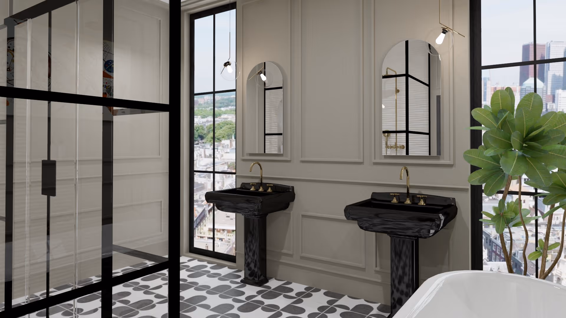 Eclectische badkamer in Haarlem met twee zwarte wastafels op zuil, gouden kranen en uitzicht op de stad