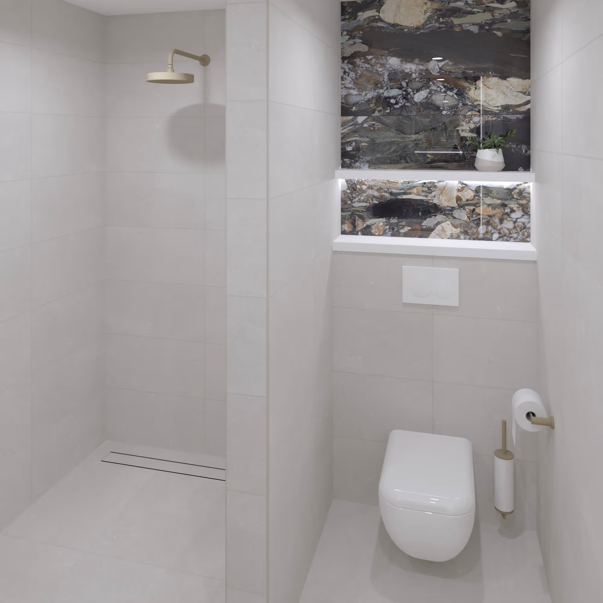 Eclectische badkamer in Hoorn met inloopdouche, wandcloset en marmeren accentwand