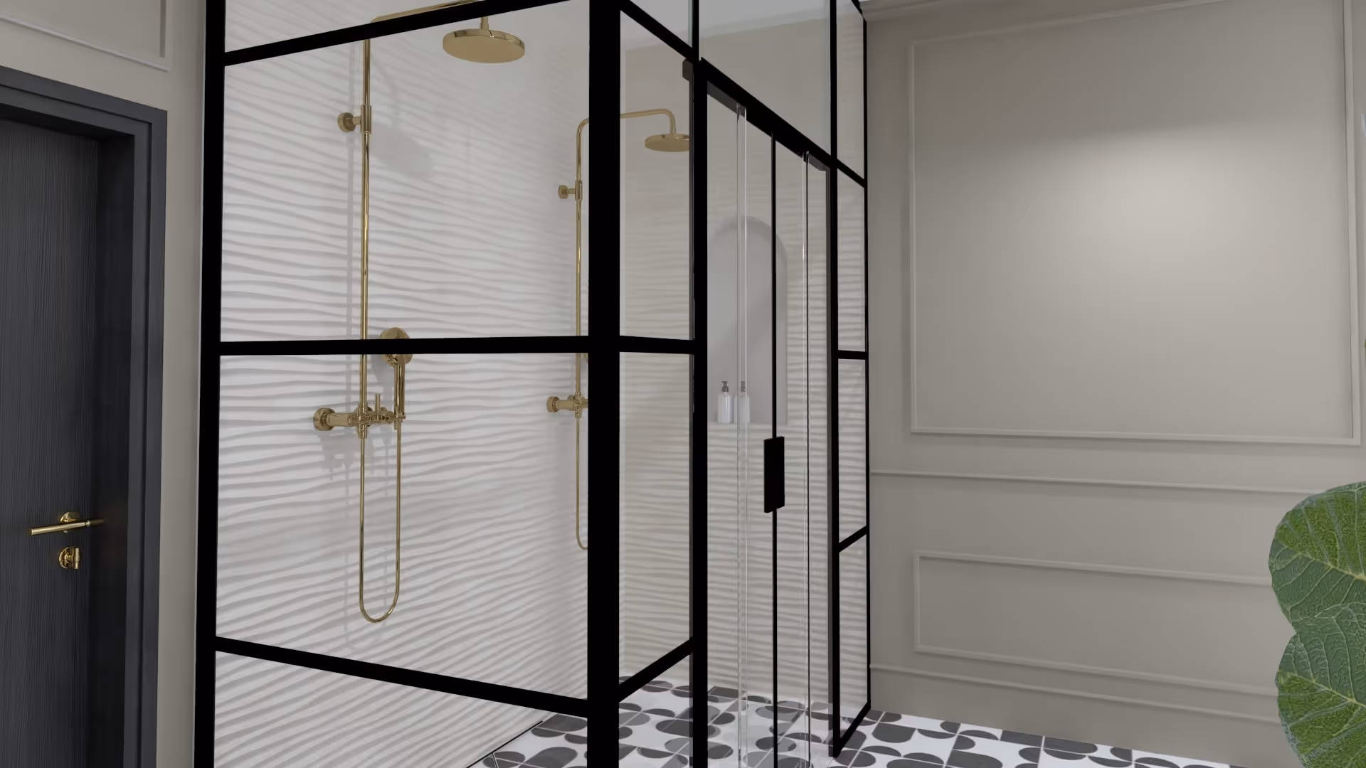 Eclectische badkamer in Haarlem met inloopdouche, zwart raamwerk en gouden regendouche