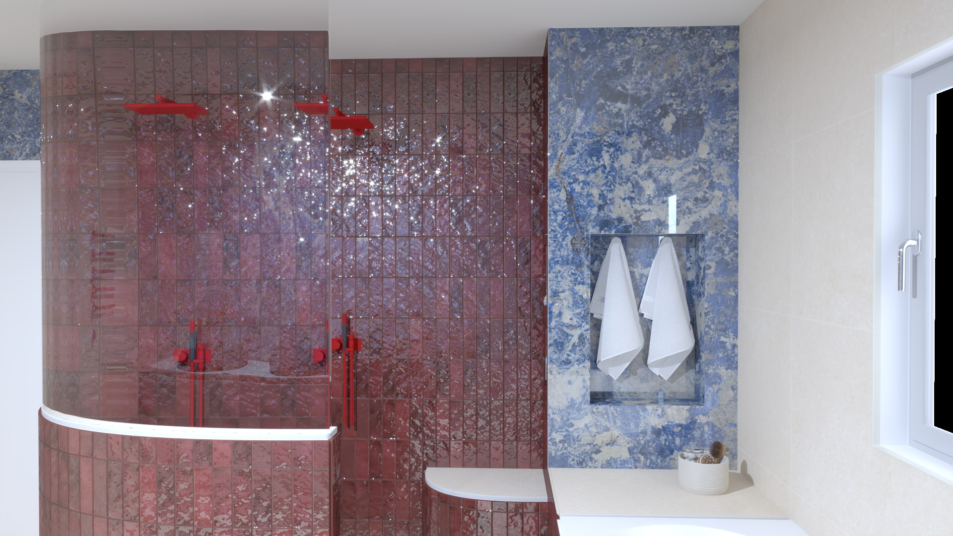 Eclectische badkamer in Aerdenhout met inloopdouche in rode tegels en rode douchekop