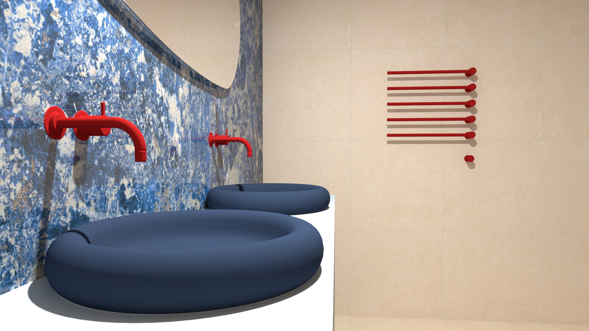 Eclectische badkamer in Aerdenhout met blauwe waskommen, rode kranen en rode handdoekradiator