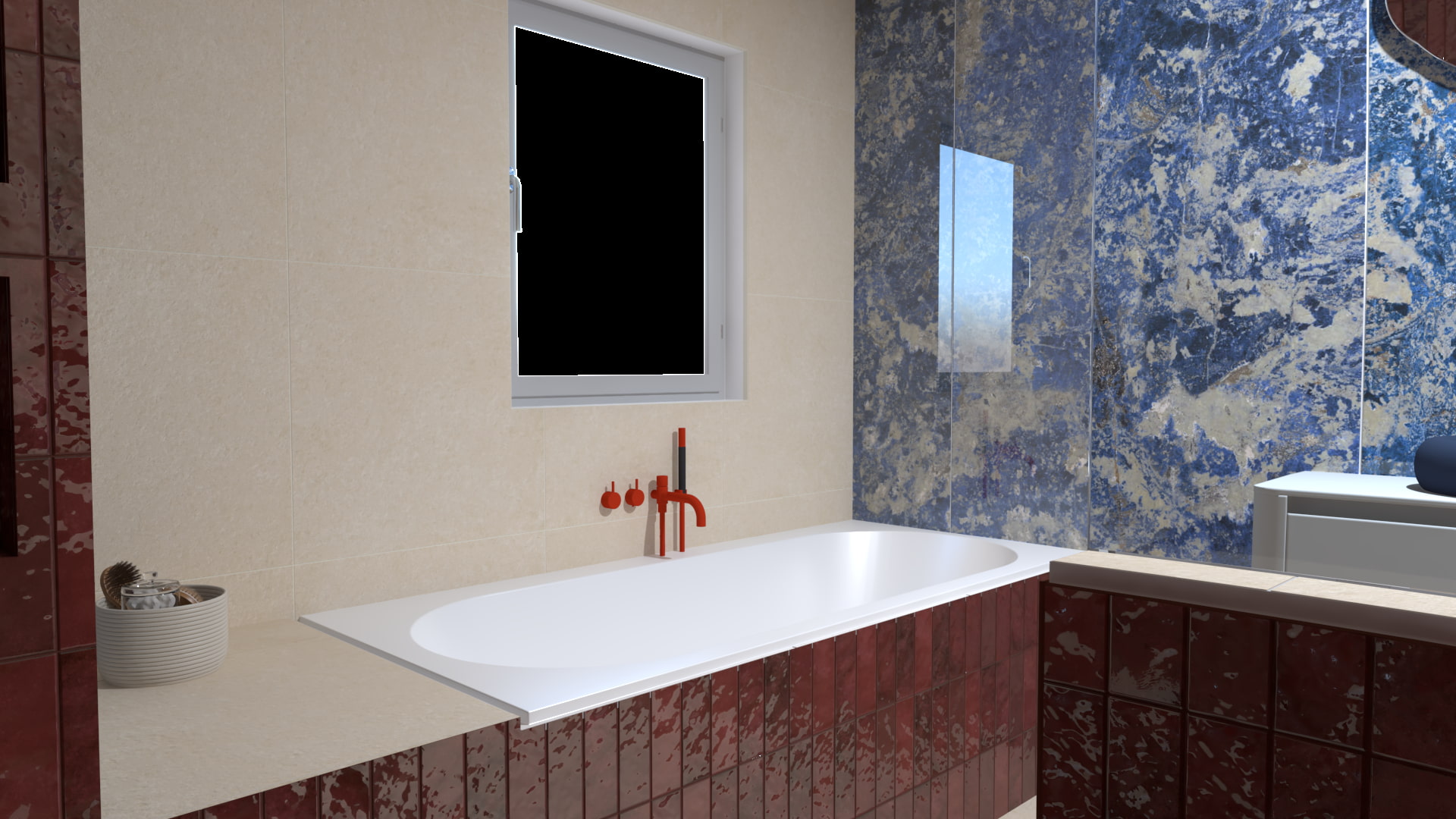 Eclectische badkamer in Aerdenhout met inbouwbad, rode wandkraan en blauw marmeren wand