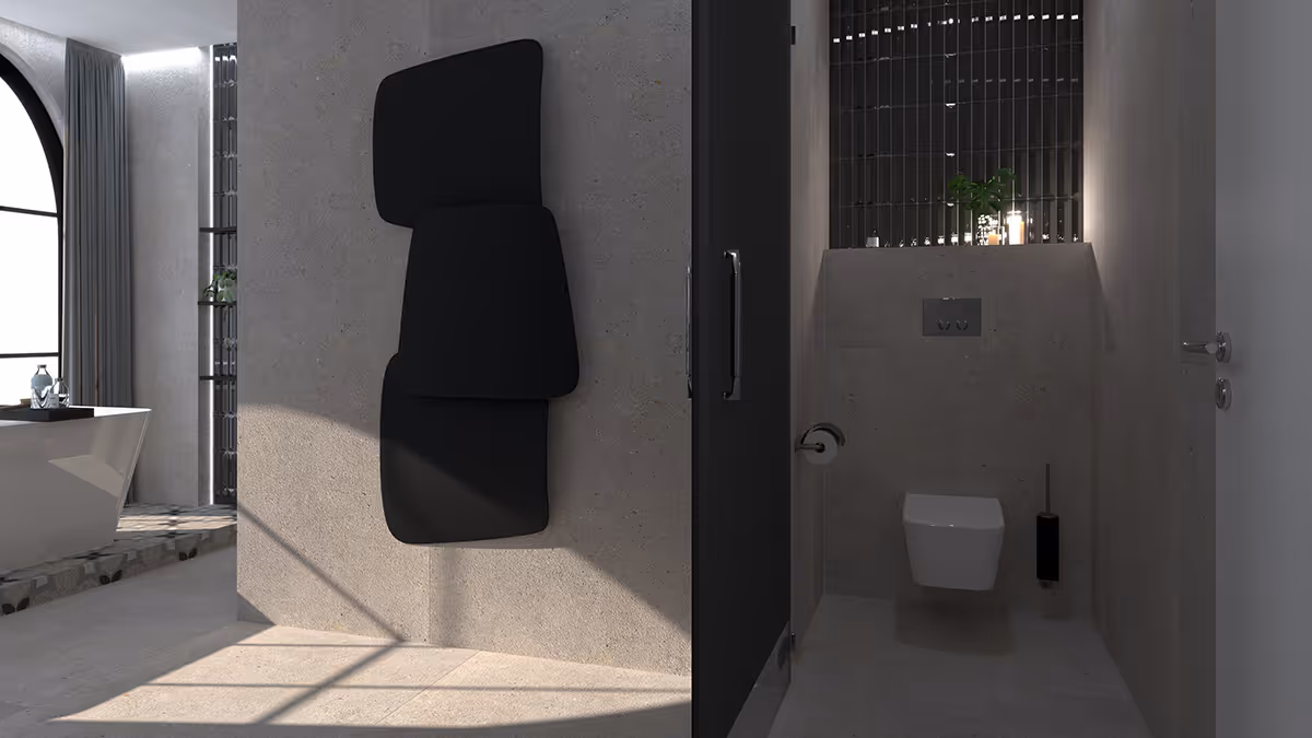 Gentleman Classic badkamer in Amsterdam met zwarte design handdoekradiator en apart toilet