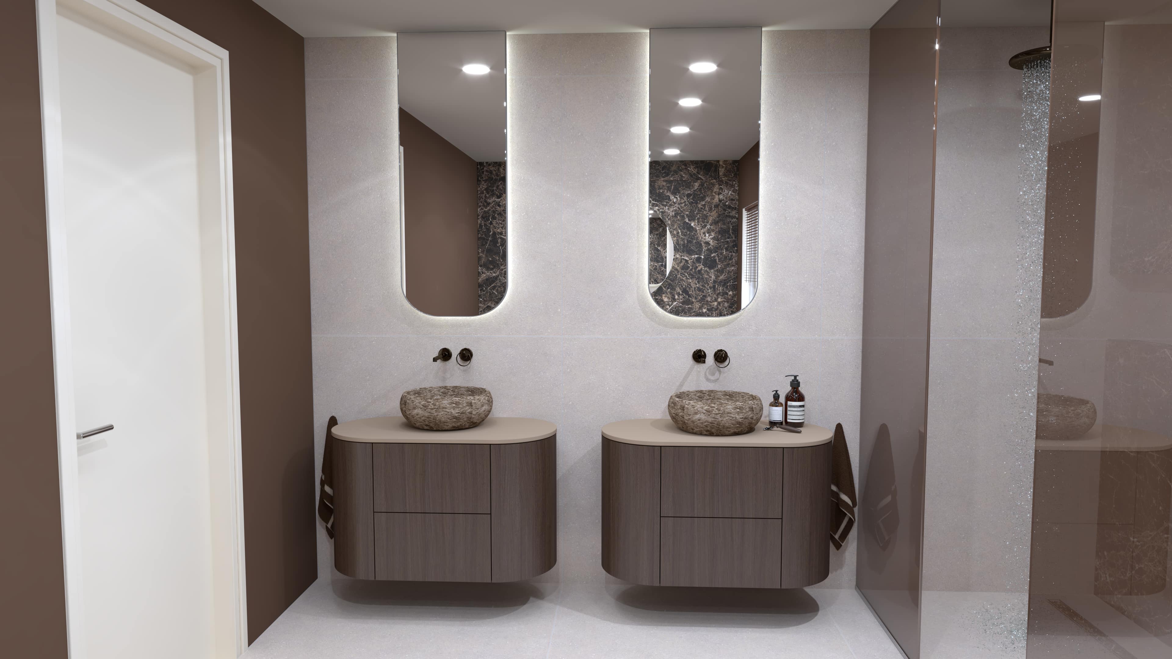 Gentleman Classic meets Japandi badkamer in Amsterdam met houten wastafelmeubel en natuurstenen waskommen