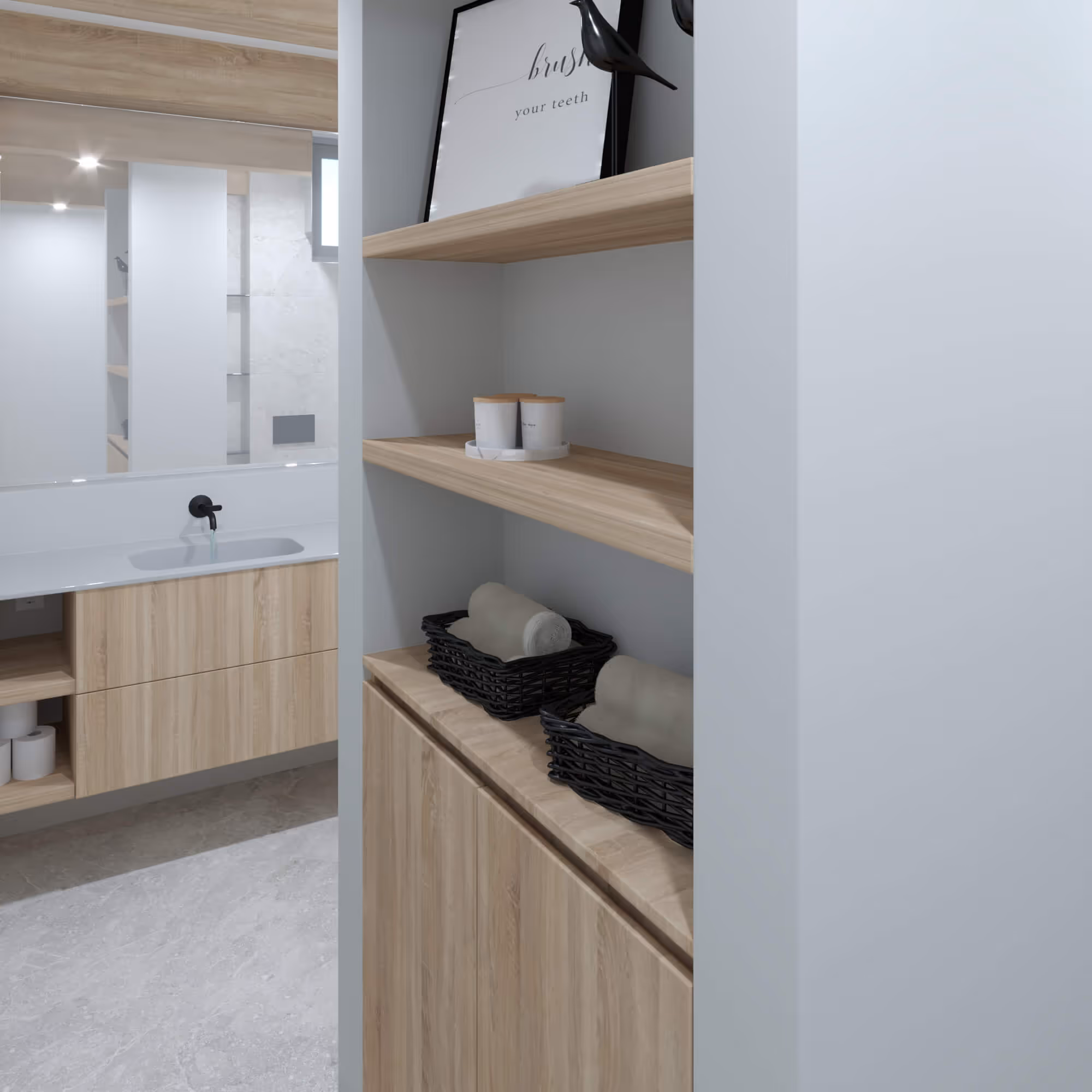 Wastafelmeubel met houten wandplanken in Japandi badkamer Alkmaar