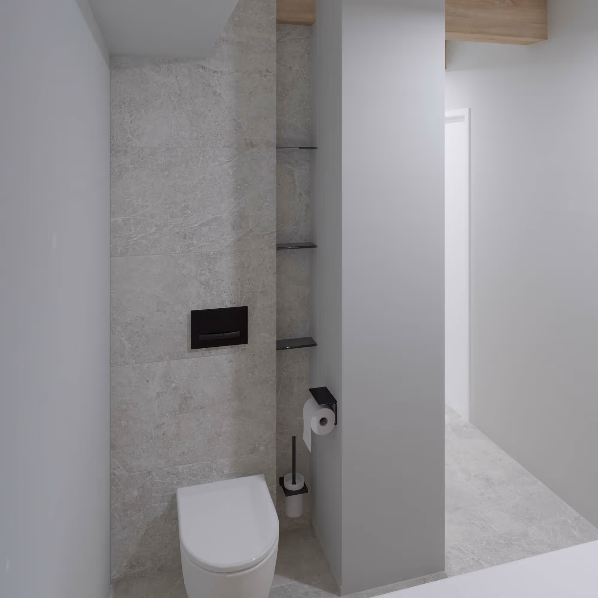 Toiletnis met natuurstenen wand en zwarte spoelknop in Japandi badkamer Alkmaar