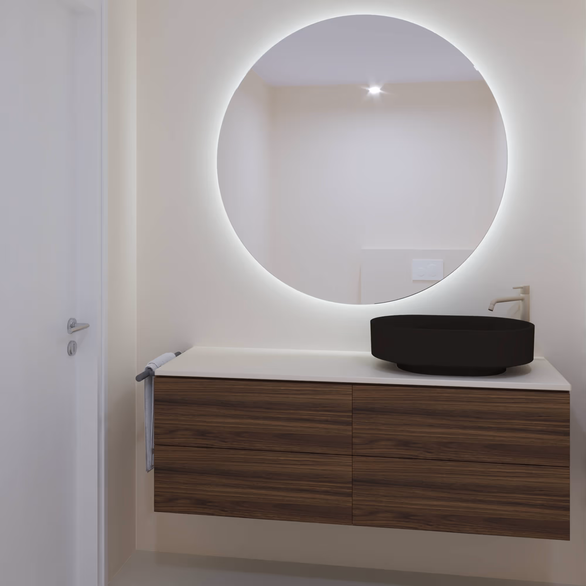 Japandi badkamer in Amsterdam met ronde spiegel, walnoten wastafelmeubel en zwarte waskom