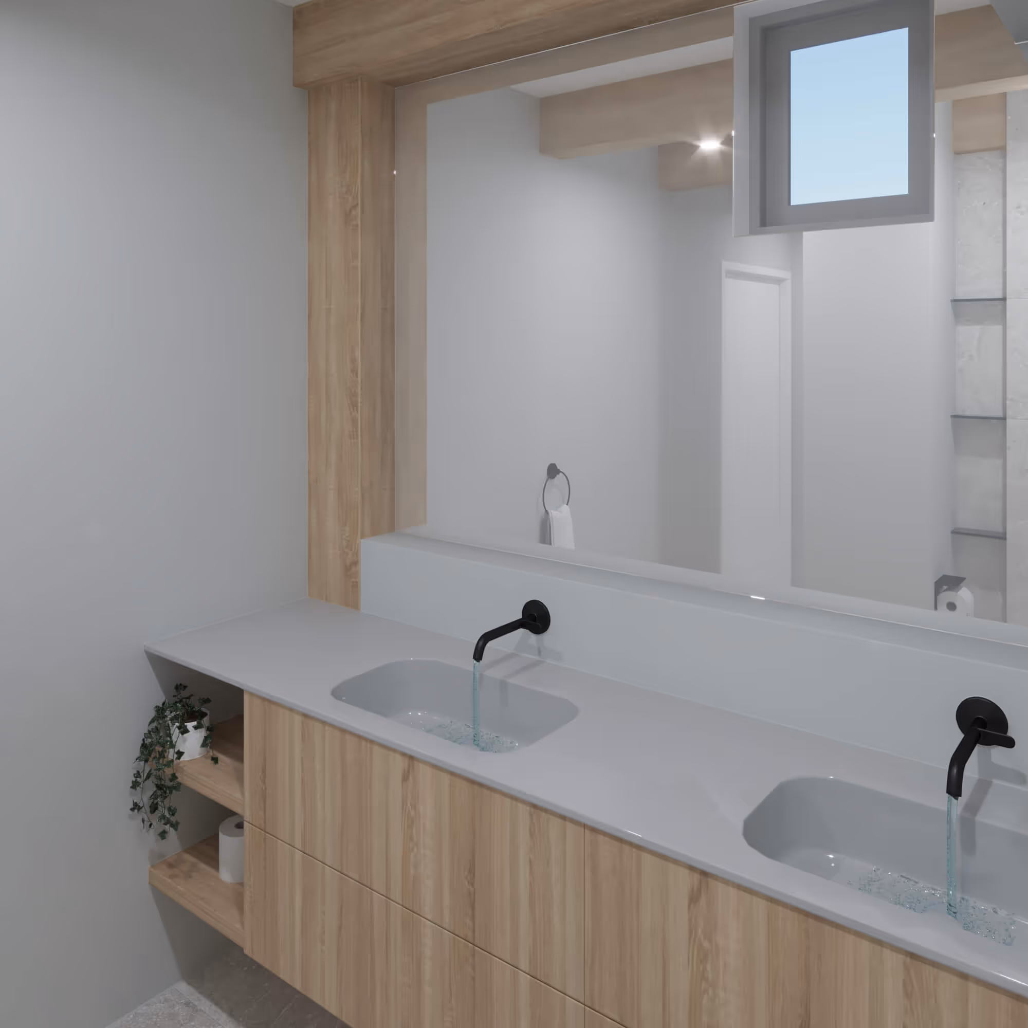 Japandi badkamer in Alkmaar met licht houten wastafelmeubel, dubbele wastafels en zwarte kranen