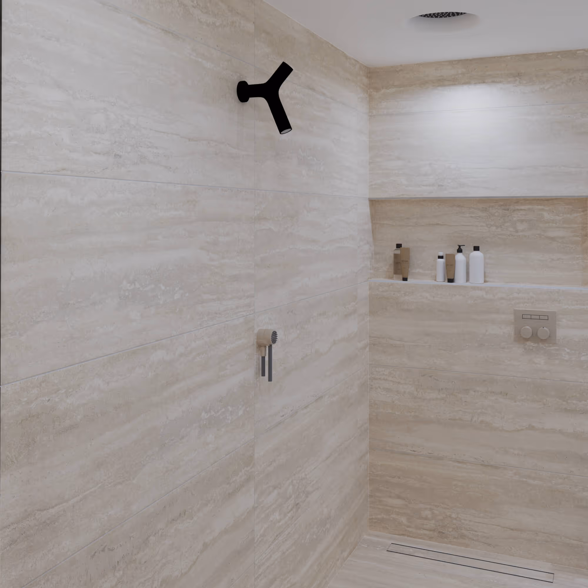 Douche met travertin tegels en verzorgingsnis in Japandi badkamer Amsterdam