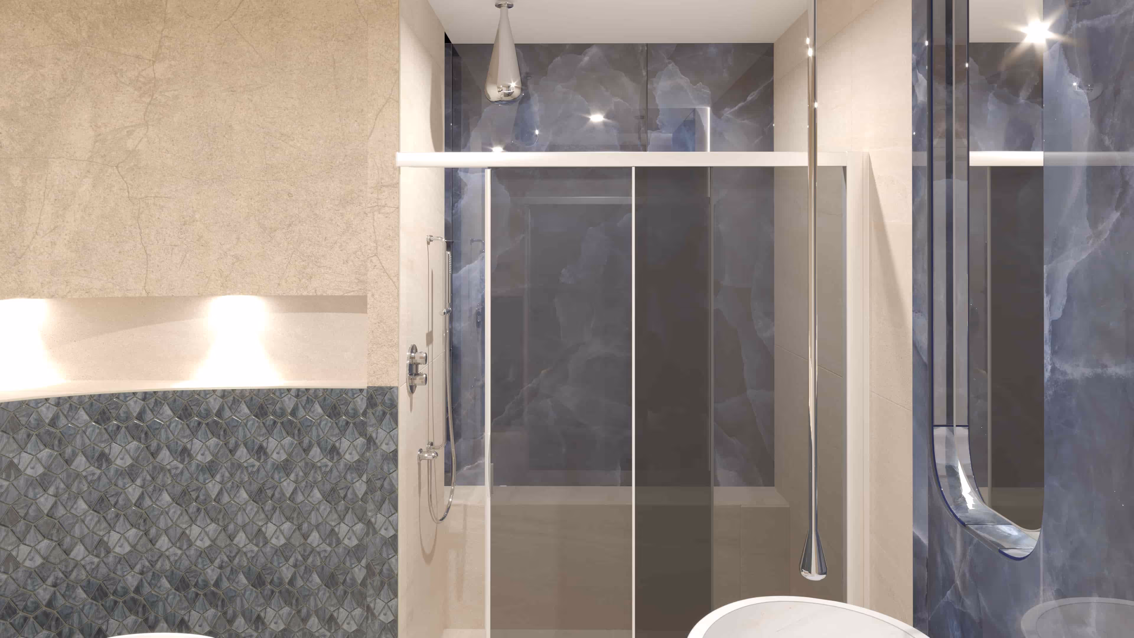 Douche met glazen wand en hangend toilet in Japandi badkamer Egmond