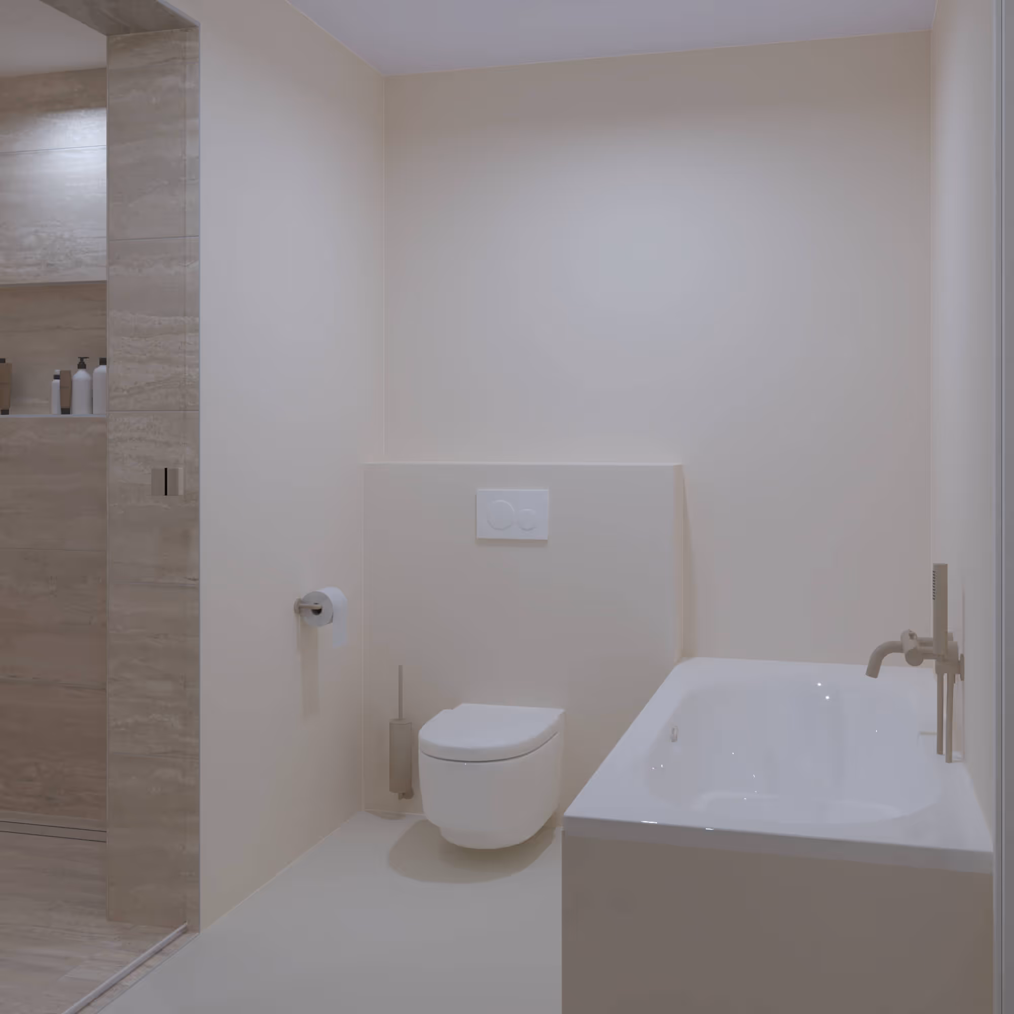 Japandi badkamer in Amsterdam met inloopbad en hangend toilet in zachte crèmetinten