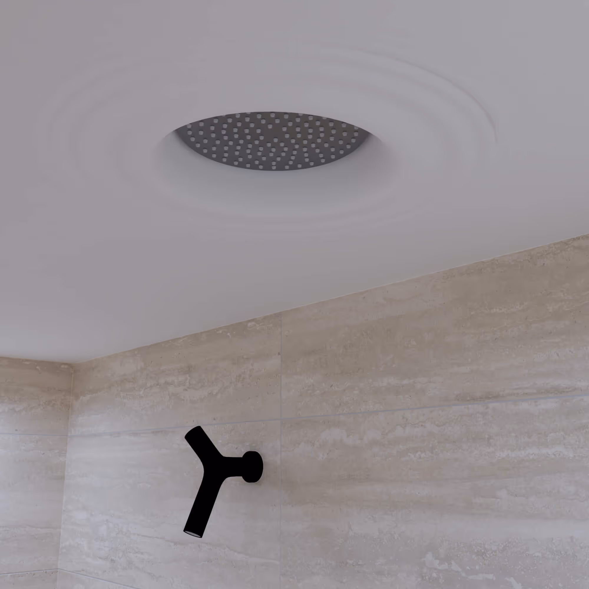 Ronde plafondregendouche in de travertin douchehoek van Japandi badkamer Amsterdam