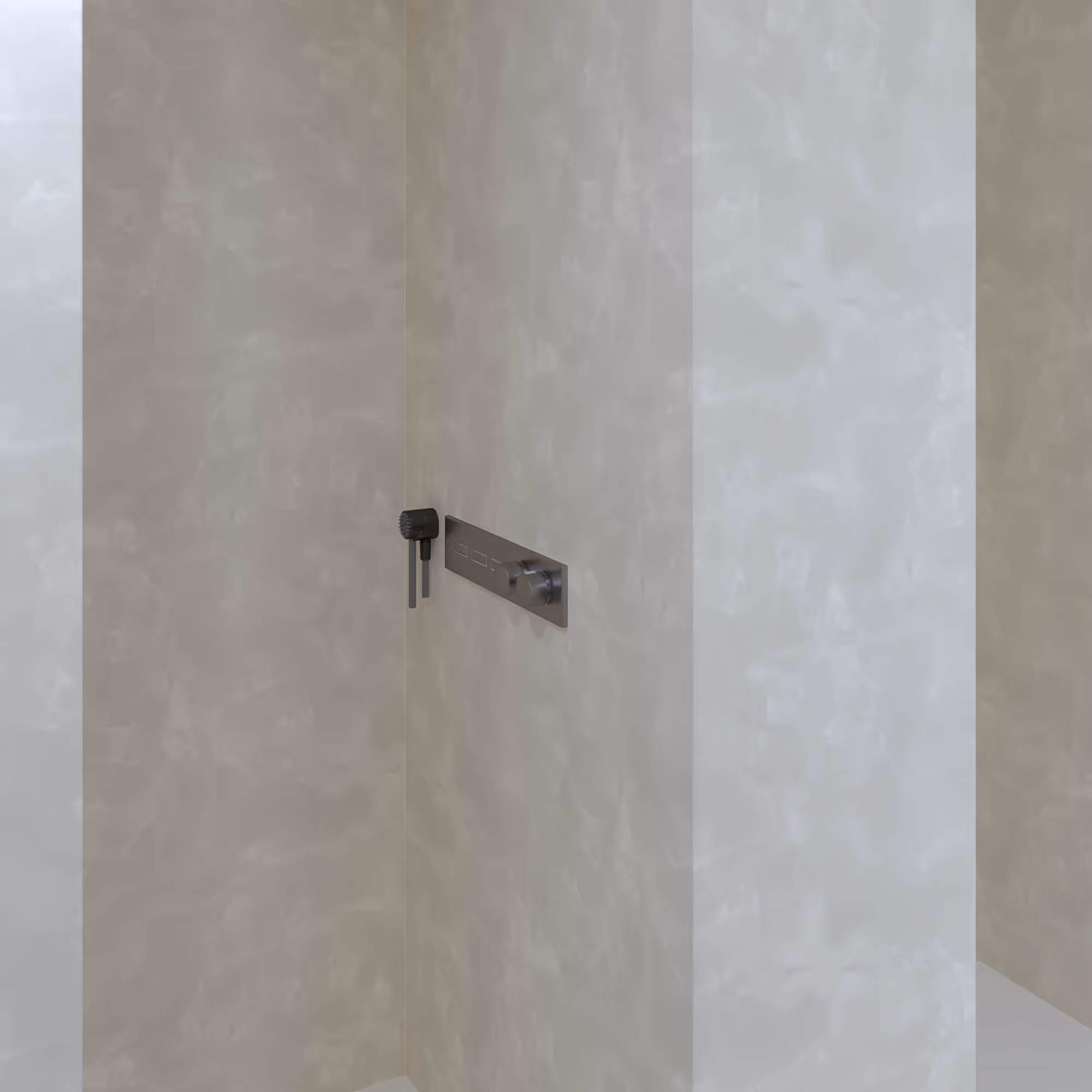Detail van de wandmontage douchekraan in Japandi badkamer Groningen