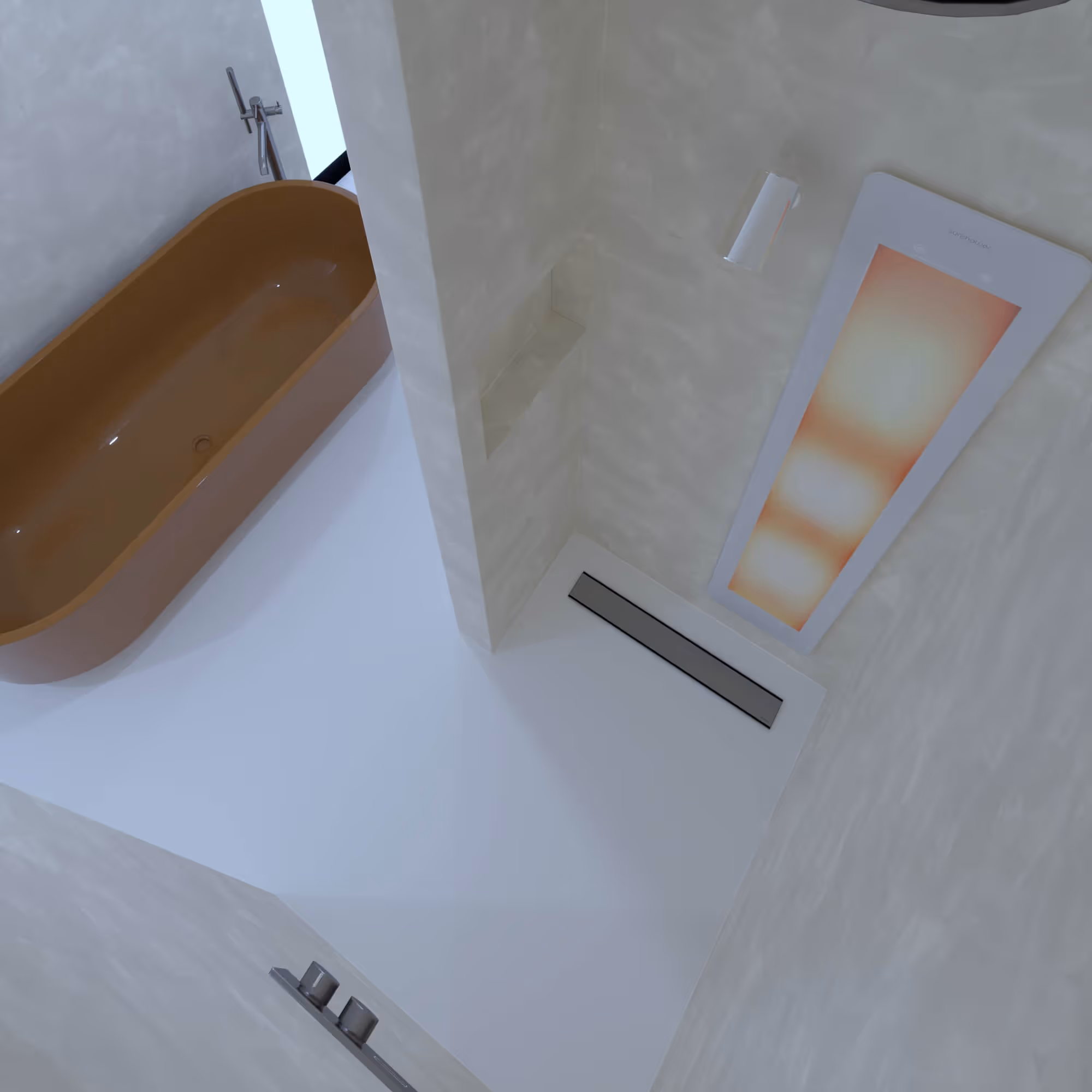 Overzicht met oranje vrijstaand bad en douchenis met sfeerverlichting in Japandi badkamer Groningen