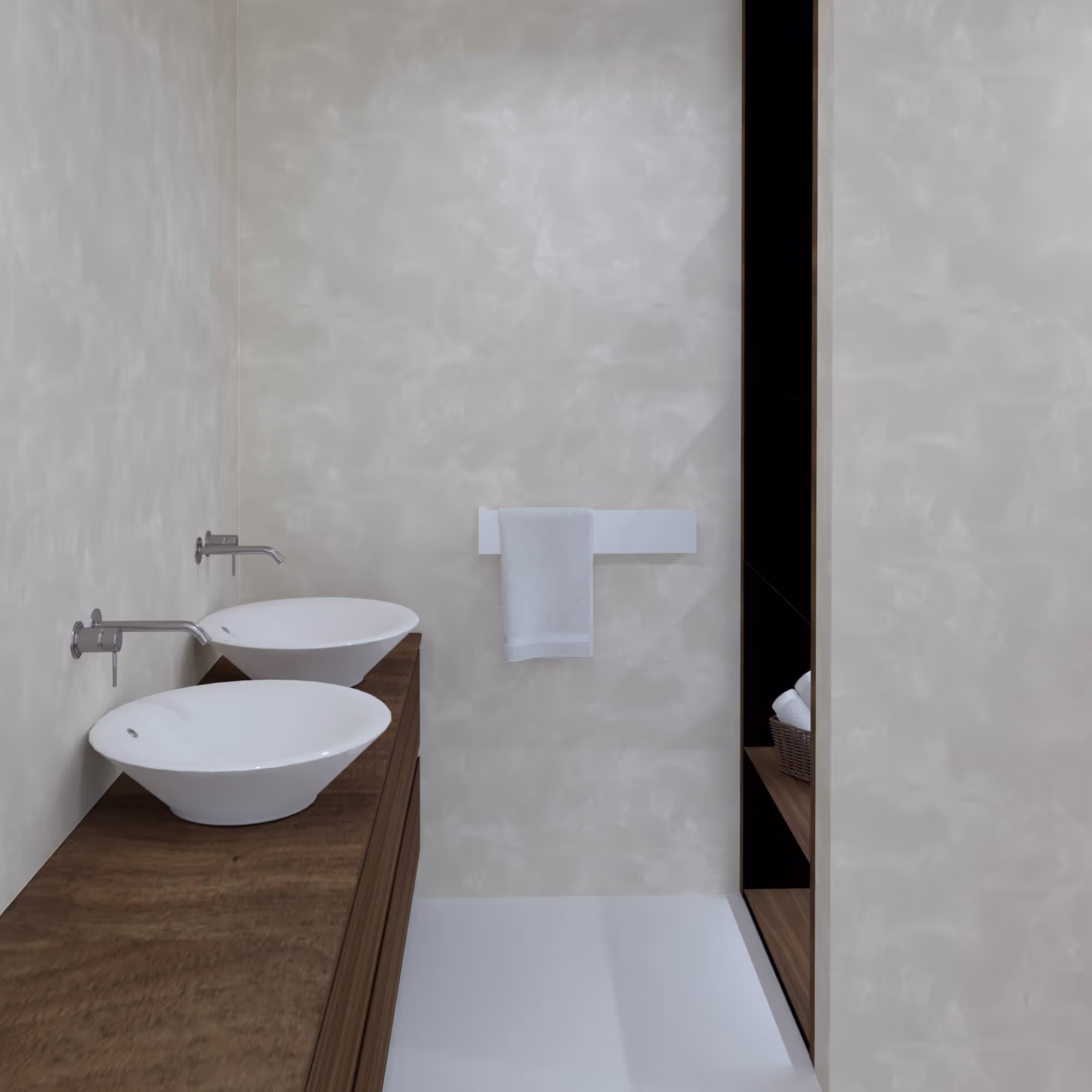 Wastafelmeubel met dubbele waskom en douche op de achtergrond in Japandi badkamer Groningen