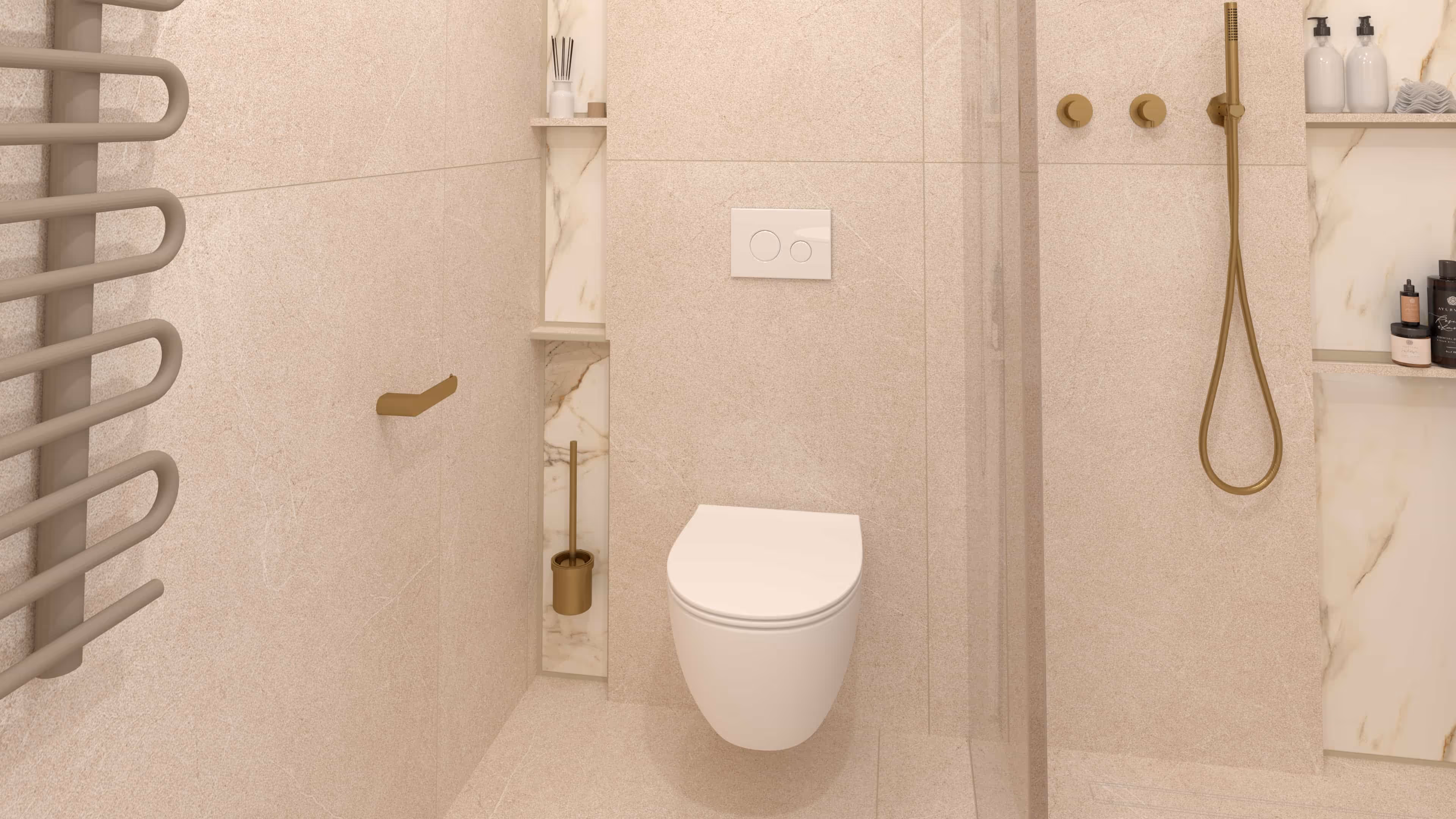 Toiletnis met marmeren wandnis en gouden accessoires in Japandi badkamer Heemstede