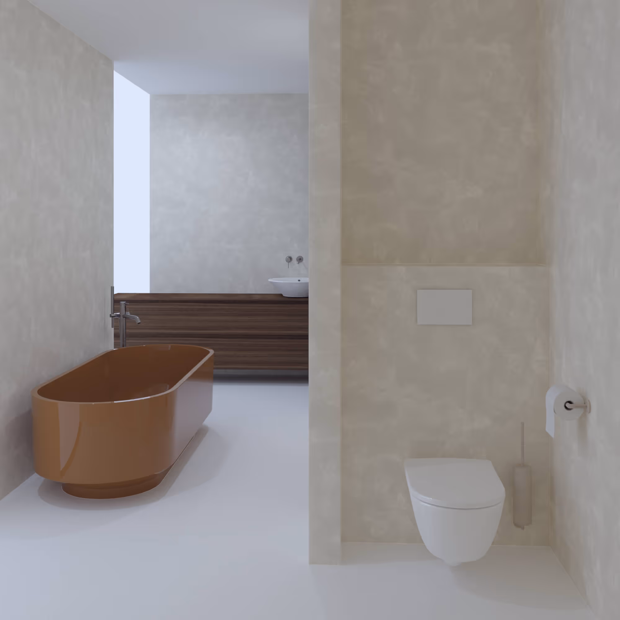 Overzicht met oranje vrijstaand bad en toiletnis in Japandi badkamer Groningen