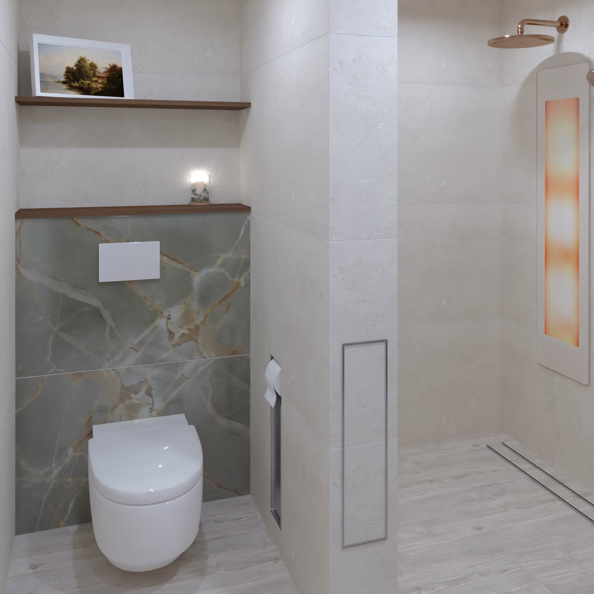 Toilet met houten wandplank en groen marmeren accentwand in Japandi badkamer Schoorl