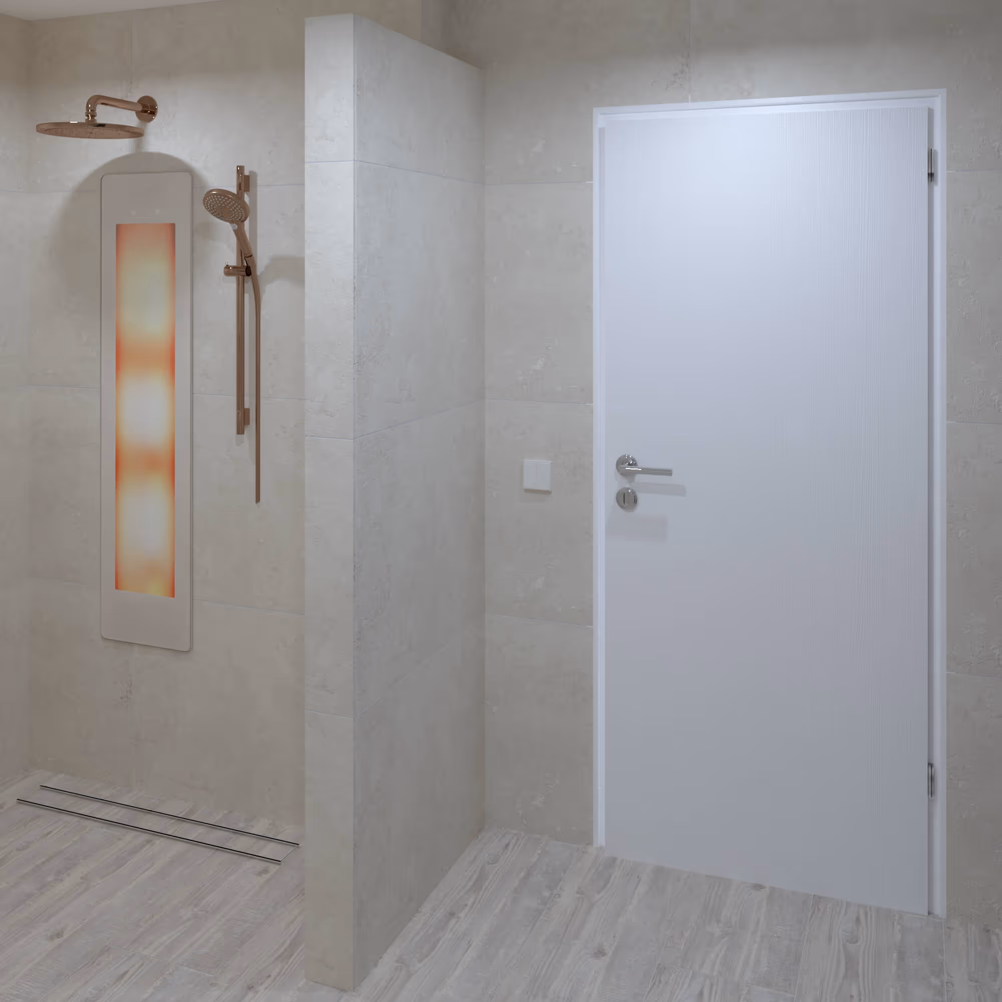Douche met gouden regendouche en sfeerpaneel in Japandi badkamer Schoorl
