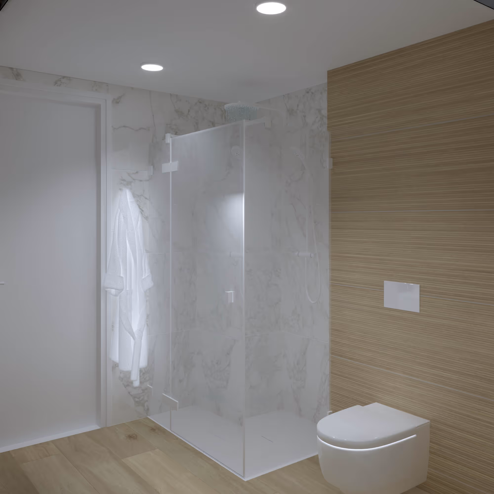 Inloopdouche met marmeren wand en badjas in minimalistische badkamer Noord Scharwoude