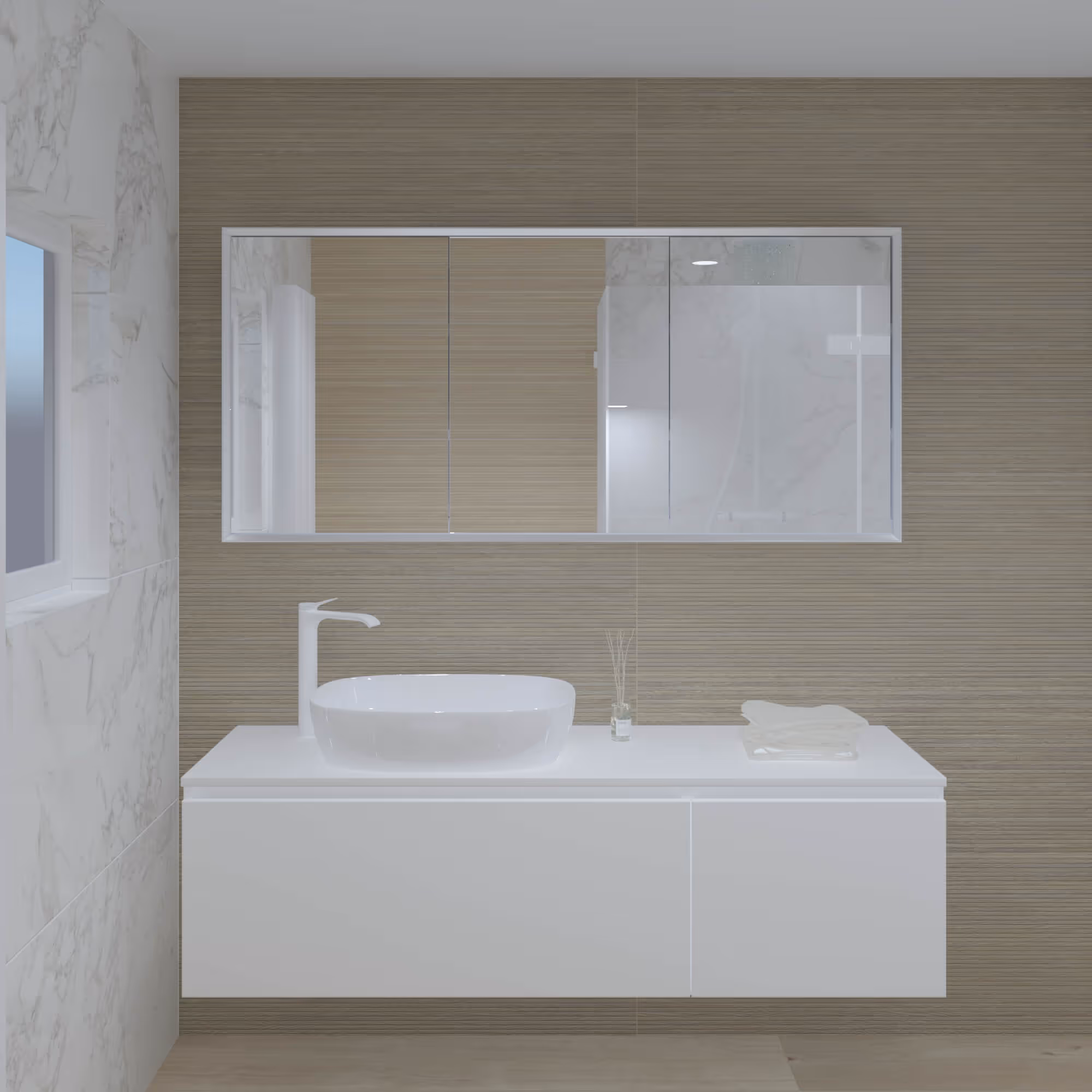 Minimalistische badkamer in Noord Scharwoude met wit wastafelmeubel en spiegelkast