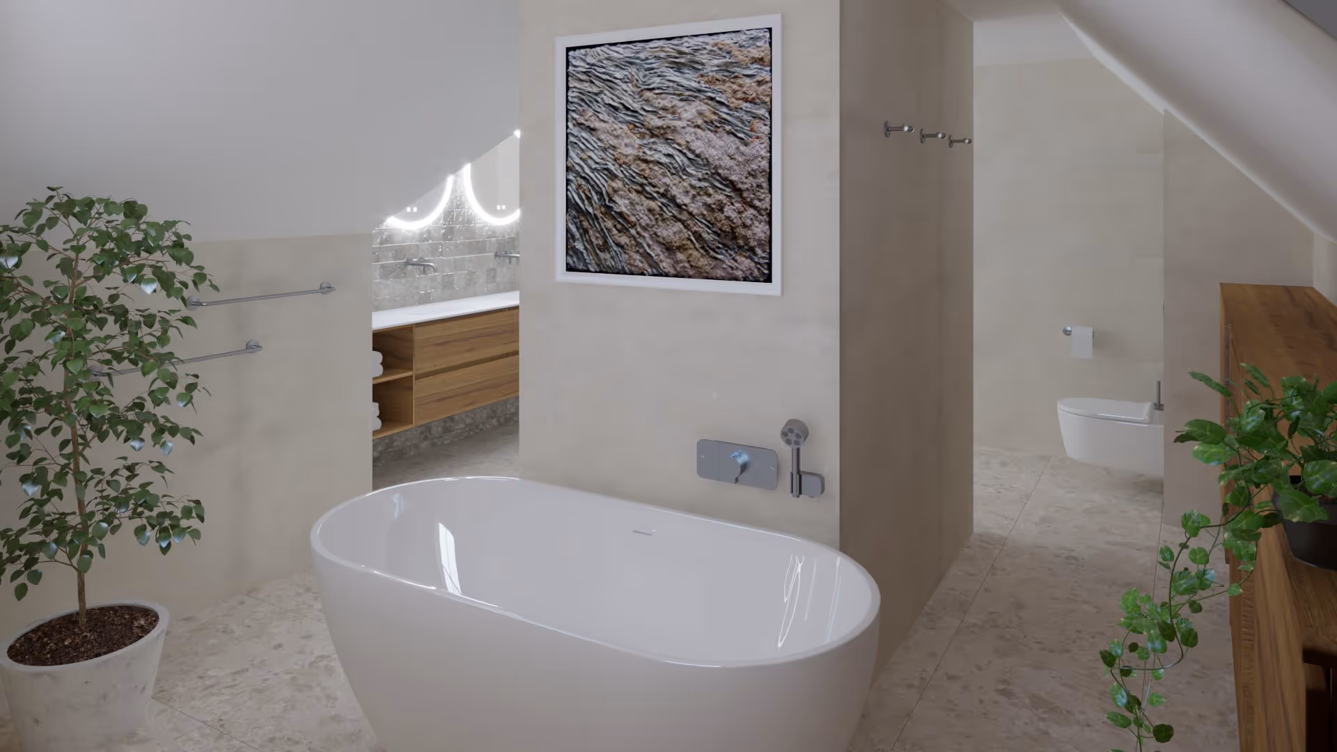 Vrijstaand bad met kunstwerk en planten onder schuin dak in badkamer Stompetoren