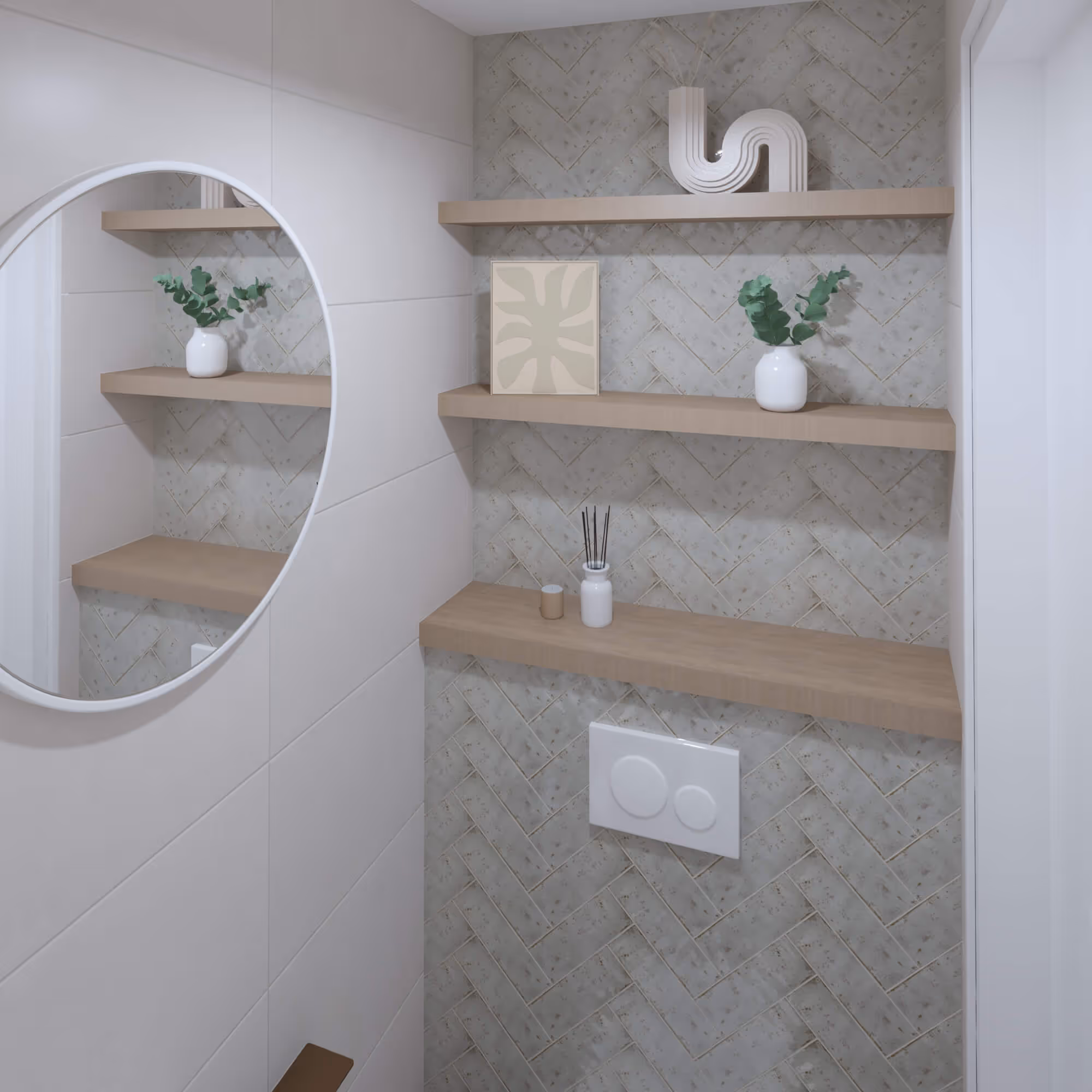 Ronde spiegel en houten wandplanken met planten in Japandi toilet Heerhugowaard