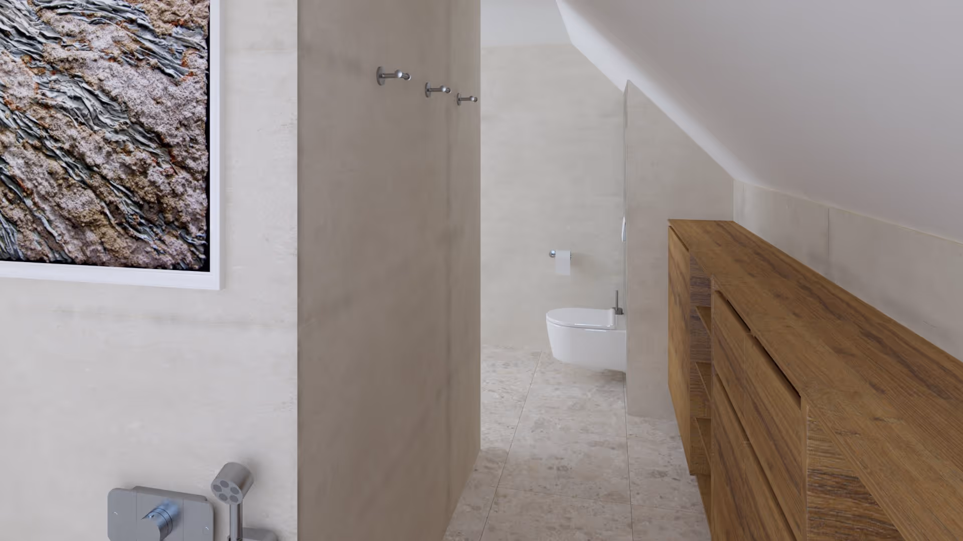 Doorkijk naar de douche met kunstwerk en houten kastenwand in badkamer Stompetoren