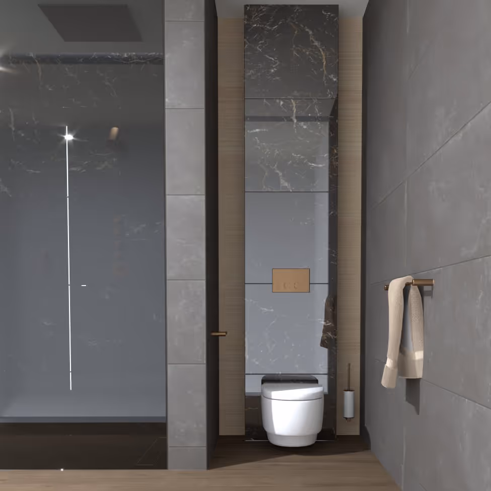 Urban Chique badkamer in Amsterdam met wandcloset in marmeren nis en handdoekhouder
