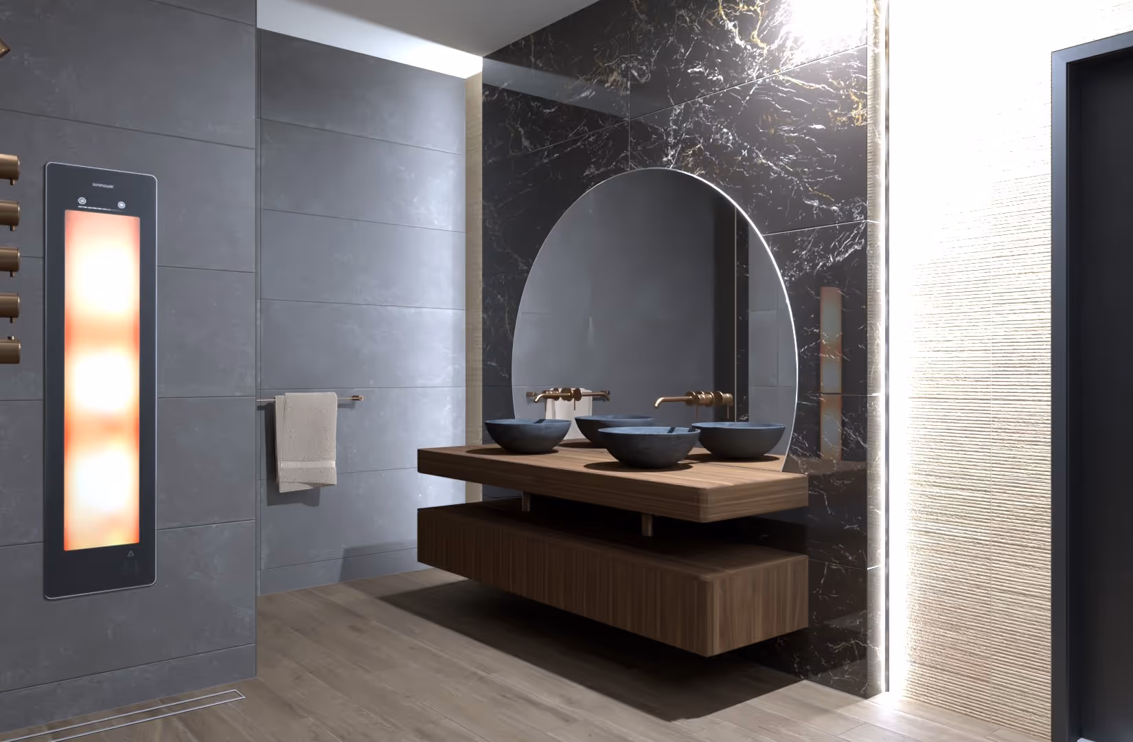 Urban Chique badkamer in Amsterdam met zwart marmer, ronde spiegel, dubbele wastafel en houten badmeubel