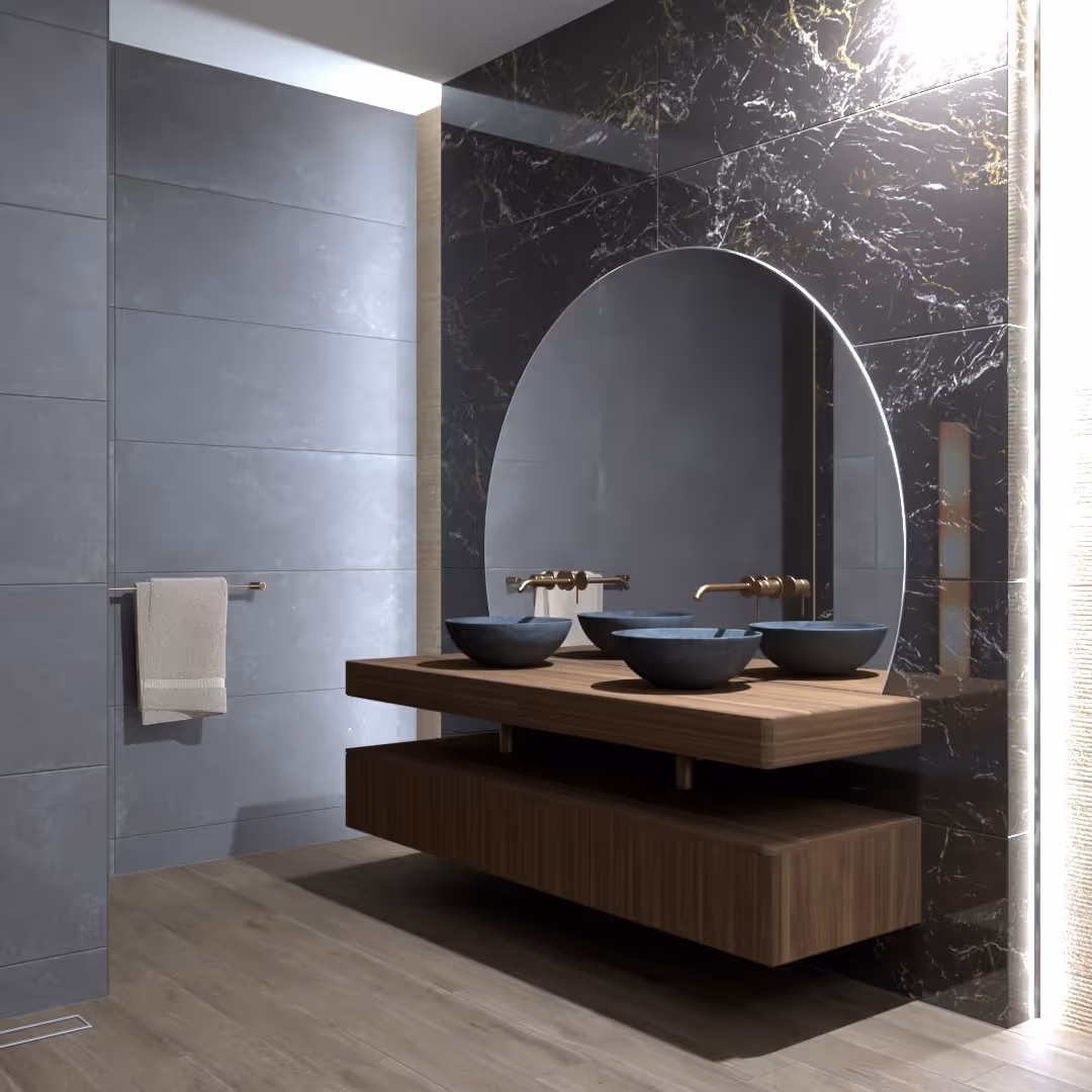 Urban Chique badkamer in Amsterdam met dubbele ronde wastafels en zwevend houten badkamermeubel