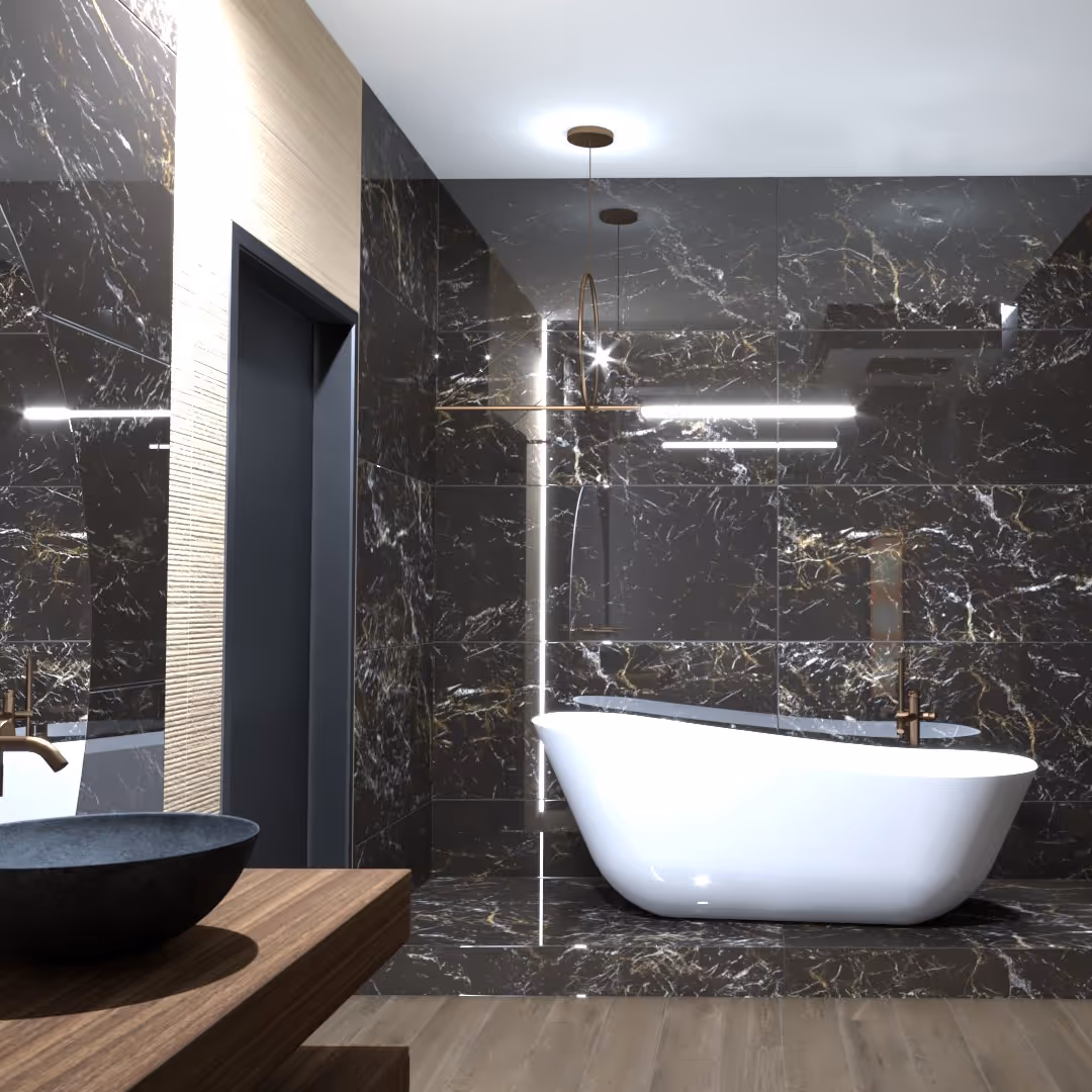 Urban Chique badkamer in Amsterdam met vrijstaand bad en zwart marmeren wand met goudkleurige aders