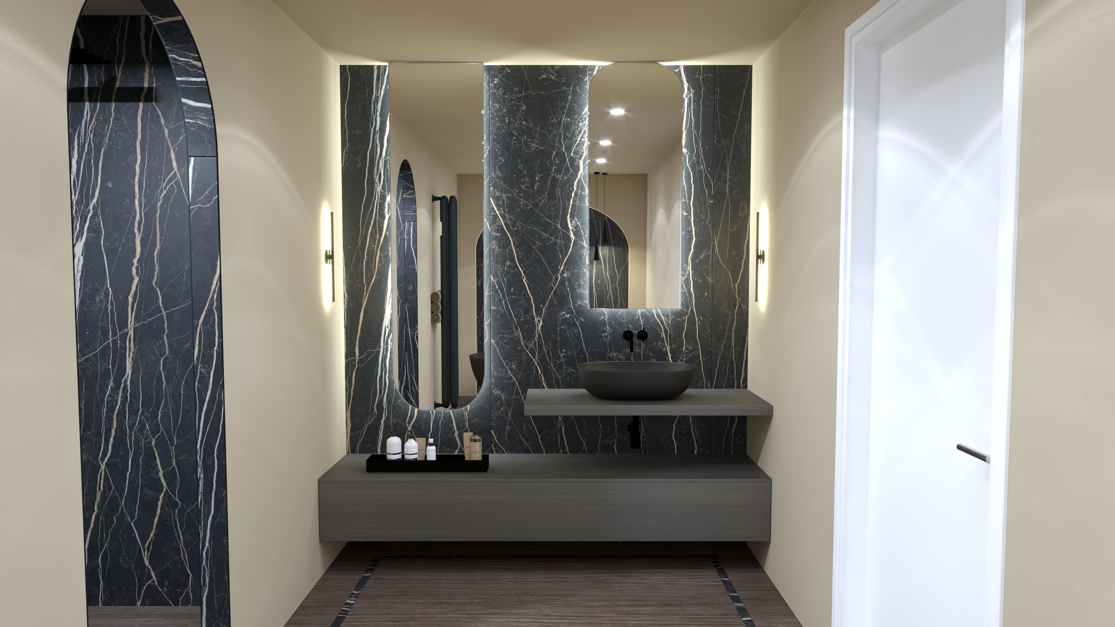Ronde waskom en wandlampen tegen groenzwart marmer in badkamer Urban Chique meets Gentleman Classic