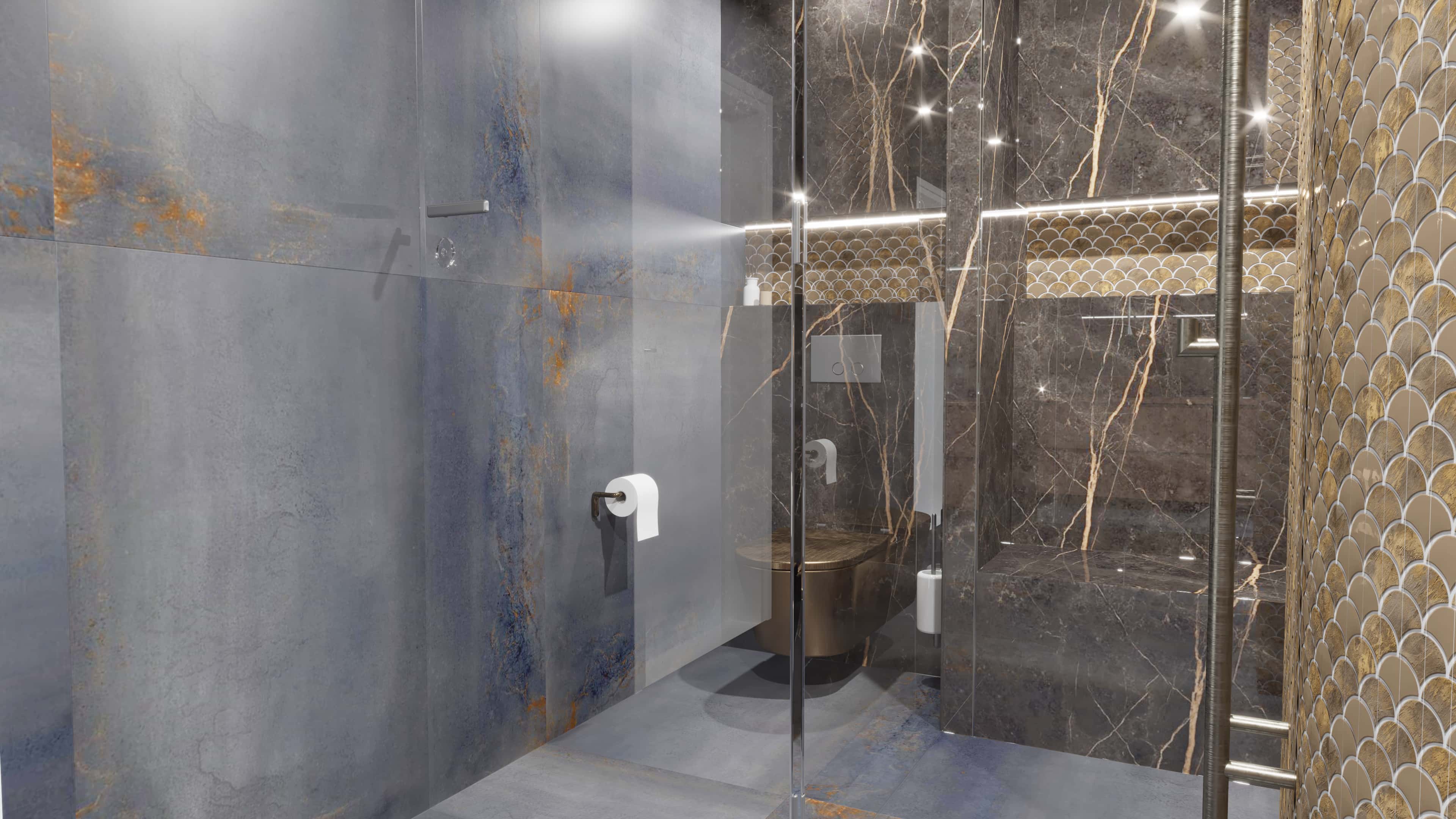Urban Chique badkamer in Bloemendaal met grijsblauwe natuursteen en gouden accenten