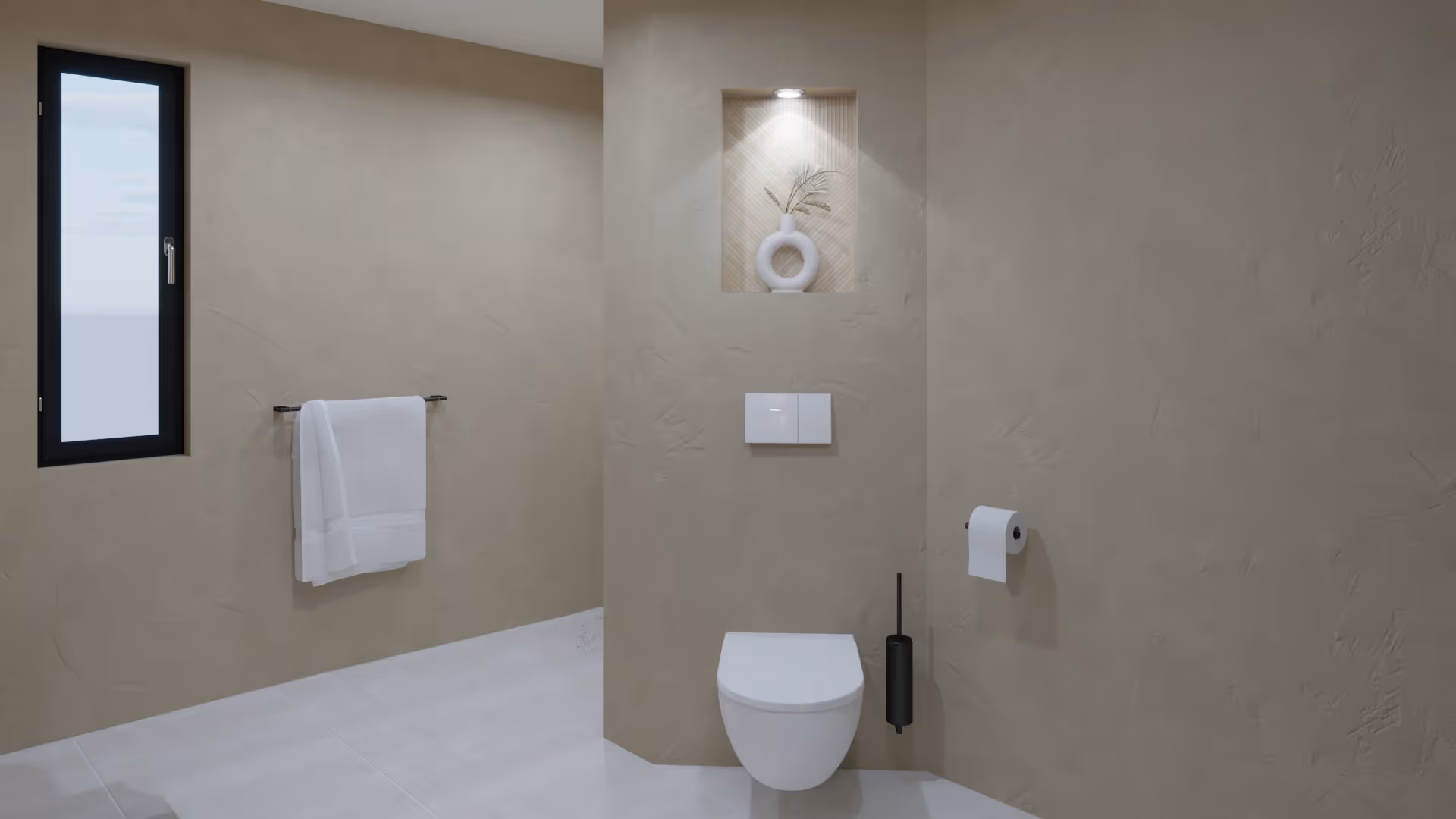 Wandcloset met verlichte wandnis en raam in Warme Japandi badkamer in Heiloo