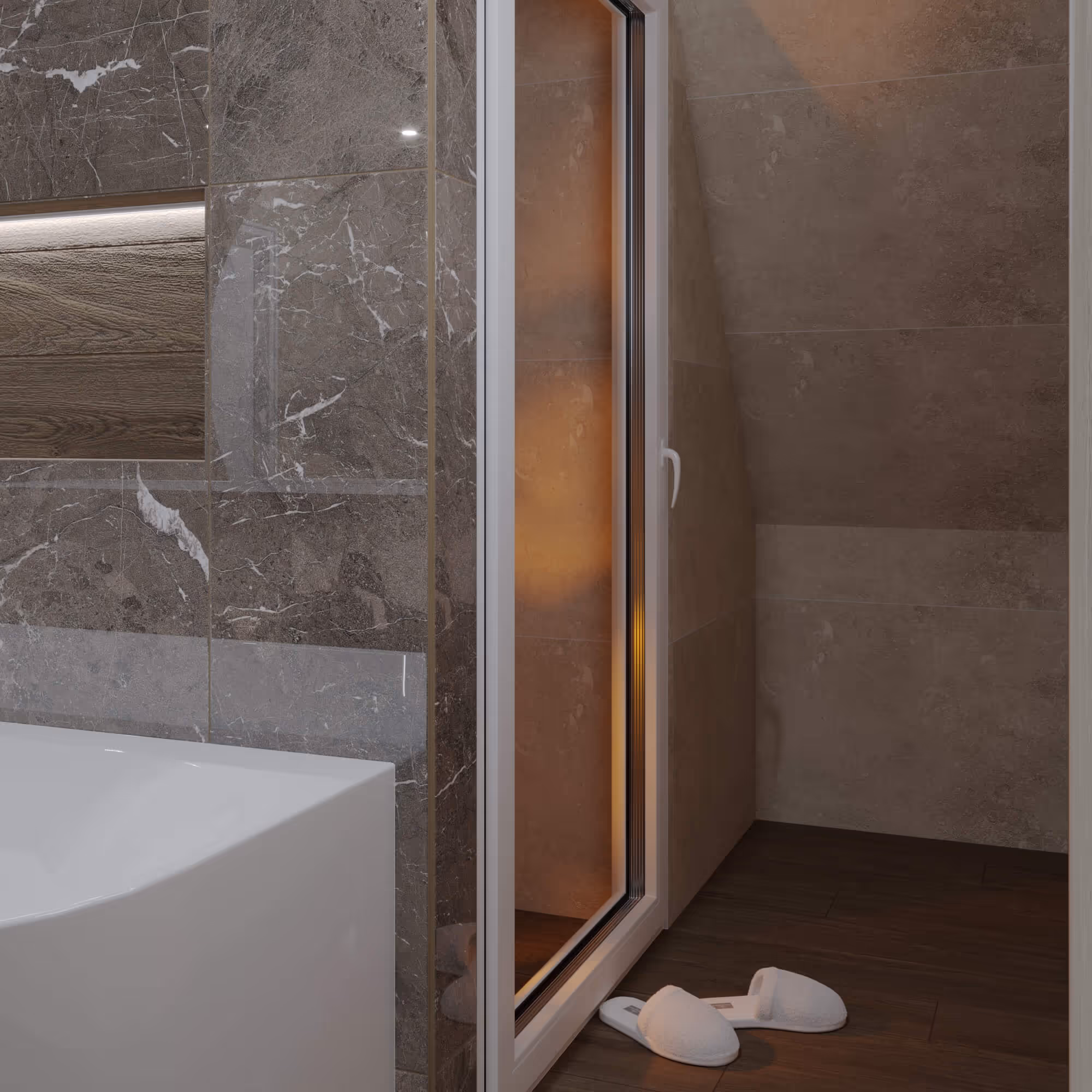 Sauna met glazen deur en pantoffels naast marmeren bad in Urban Chique badkamer in Schagerbrug