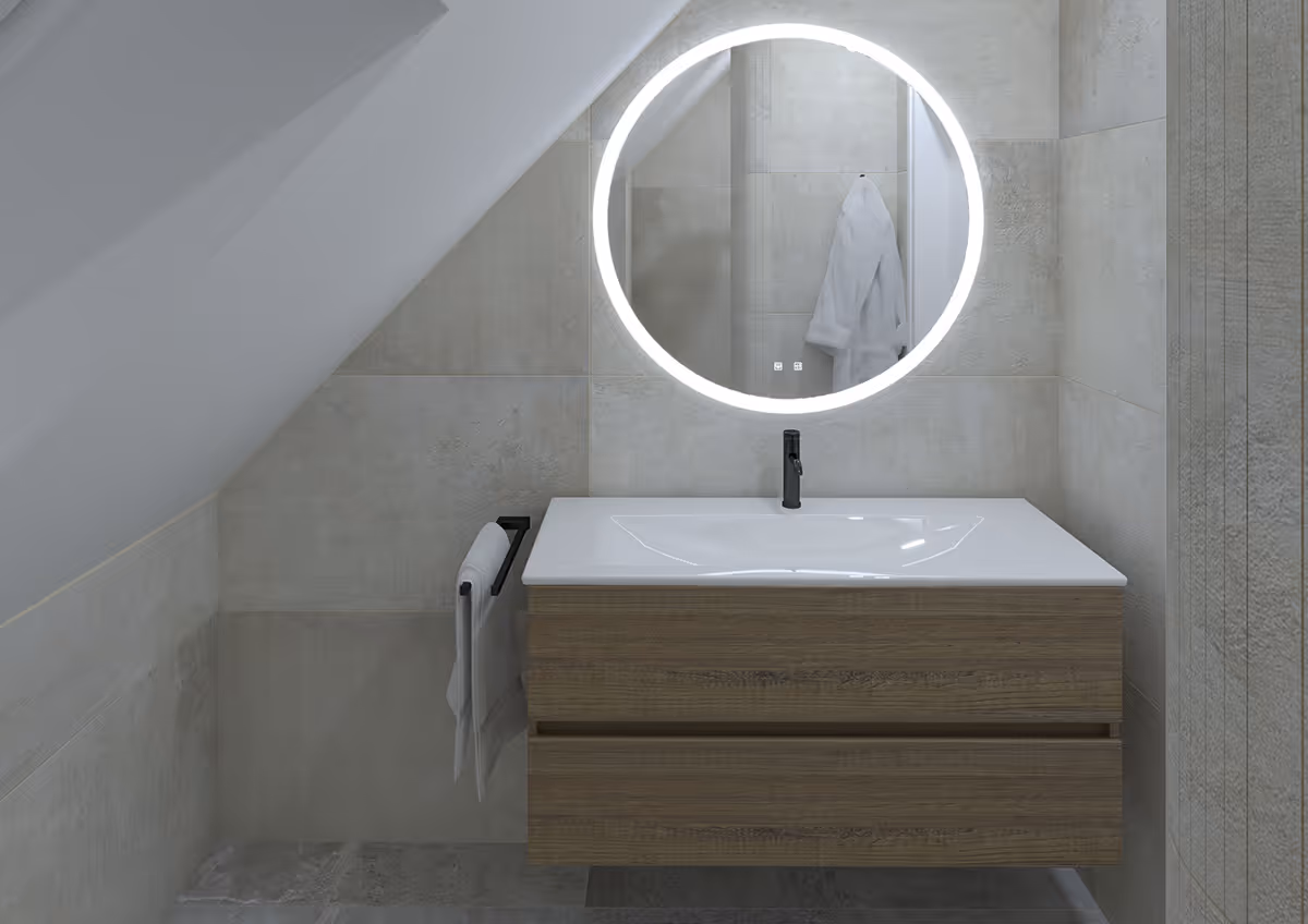 Warme Japandi badkamer op Texel met ronde spiegel, houten wastafelmeubel en schuin plafond