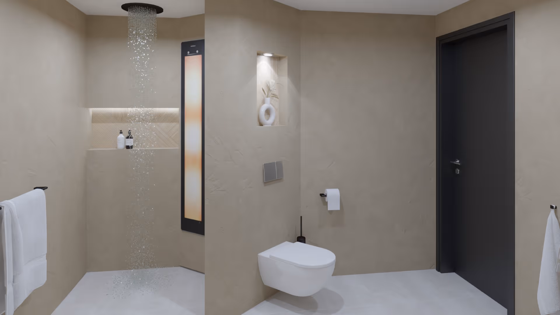Warme Japandi badkamer in Heiloo met beige inloopdouche, wandnis en wandcloset
