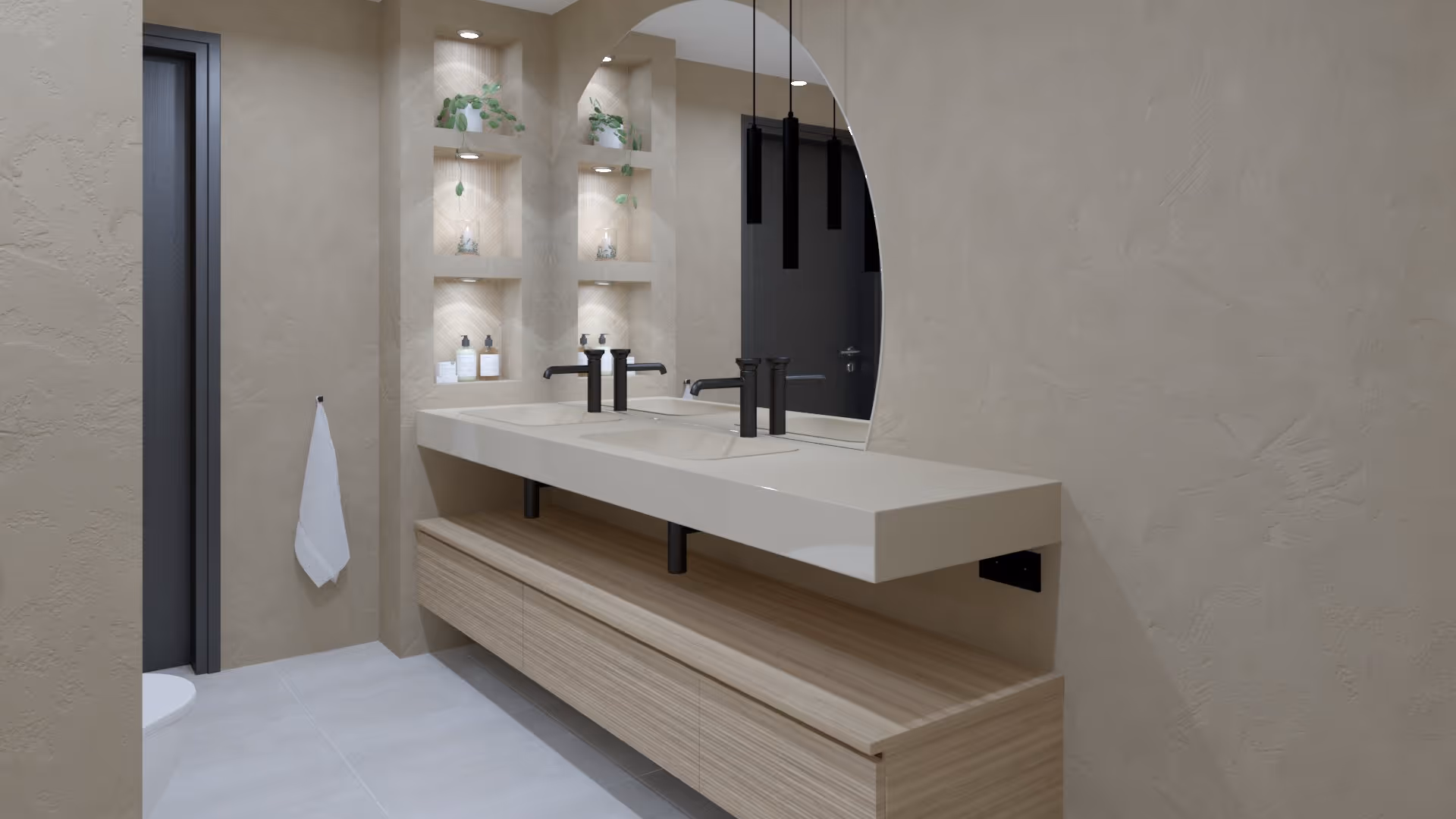 Dubbele wastafel met ronde spiegel en verlichte wandnissen in Japandi badkamer in Heiloo