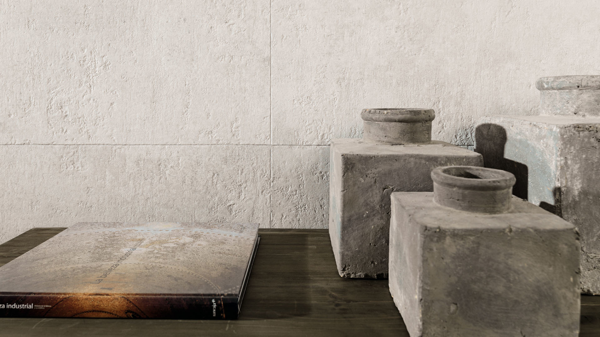 Porcelanosa Baltimore Natural tegel in lichte tint als achtergrond bij decoratieve potten