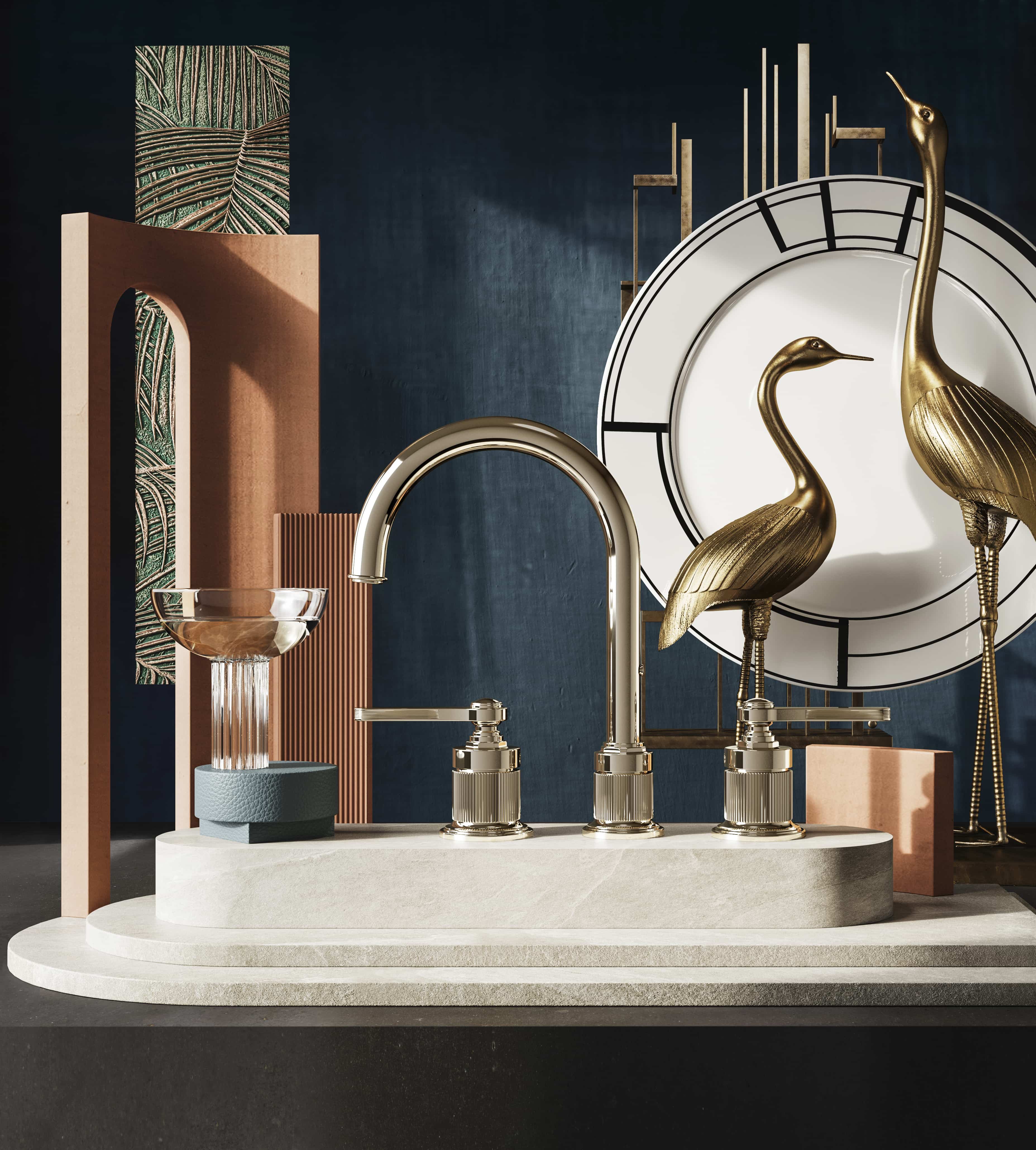 Gessi Venti20 wastafelkraan in een gestileerd moodboard met decoratieve objecten