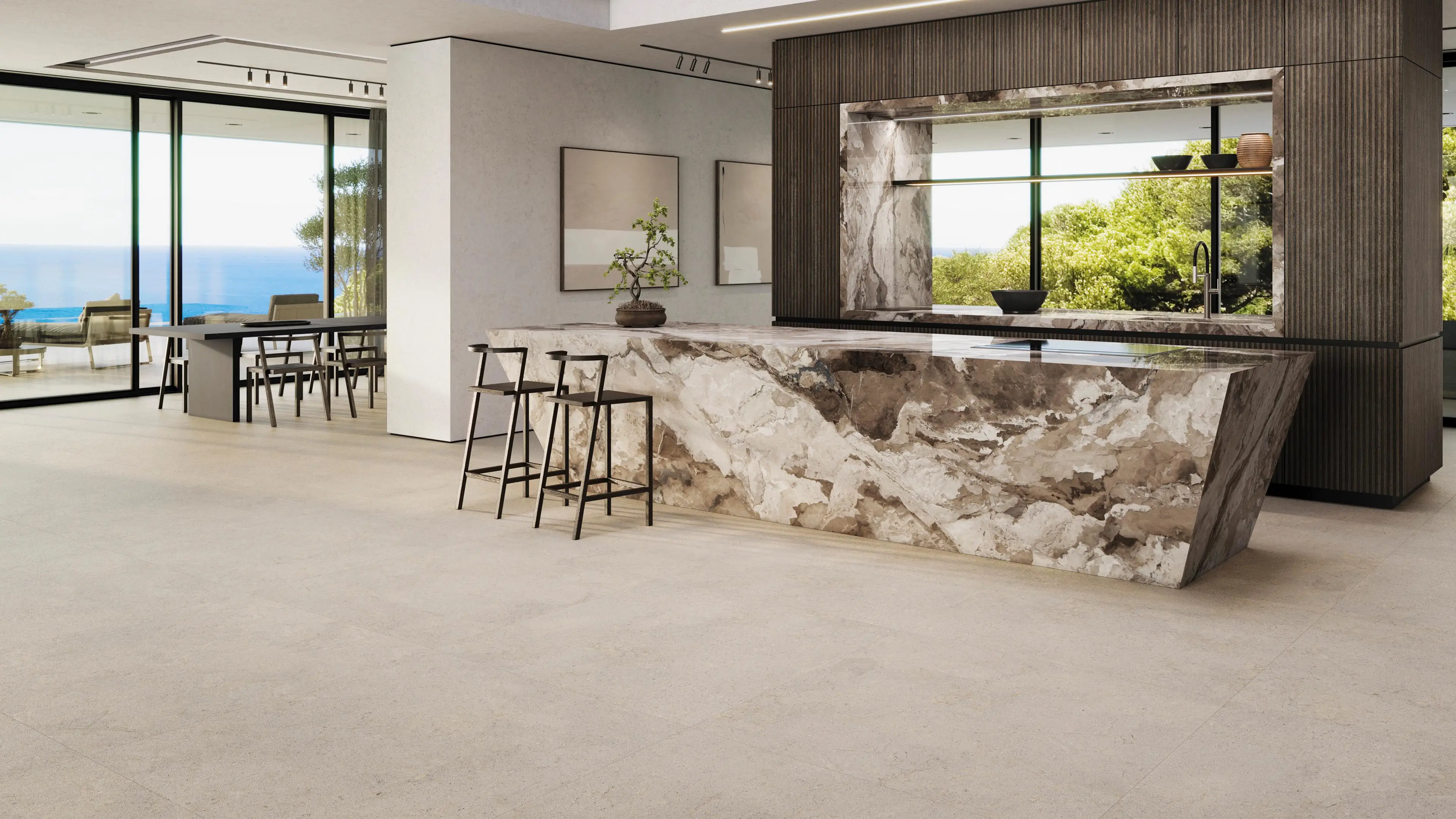 Open keuken met Porcelanosa Dorcia Acero vloertegel en zeezicht