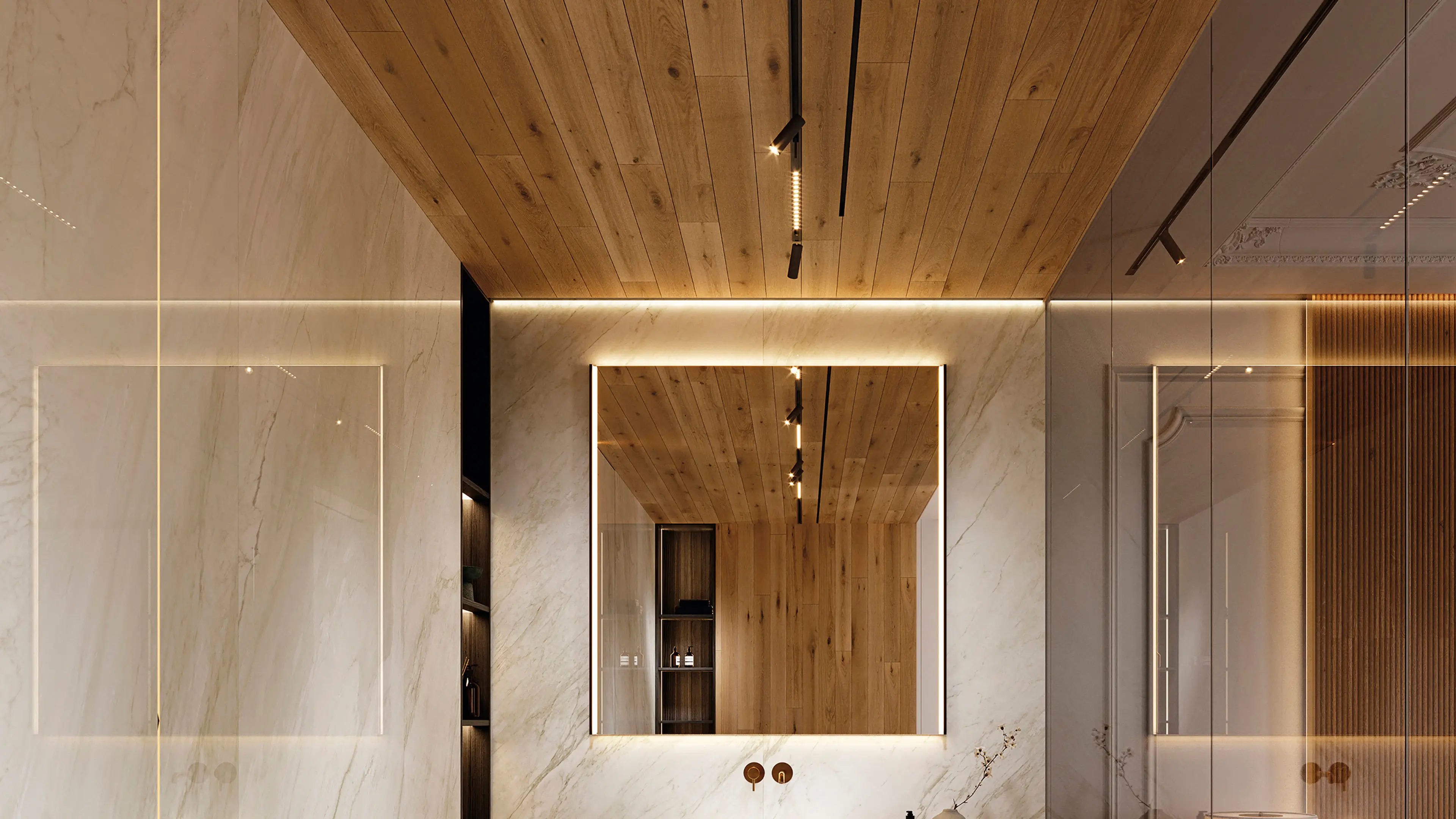 Badkamer met marmerlook wandtegels en houtlook plafond boven een spiegel, Porcelanosa London