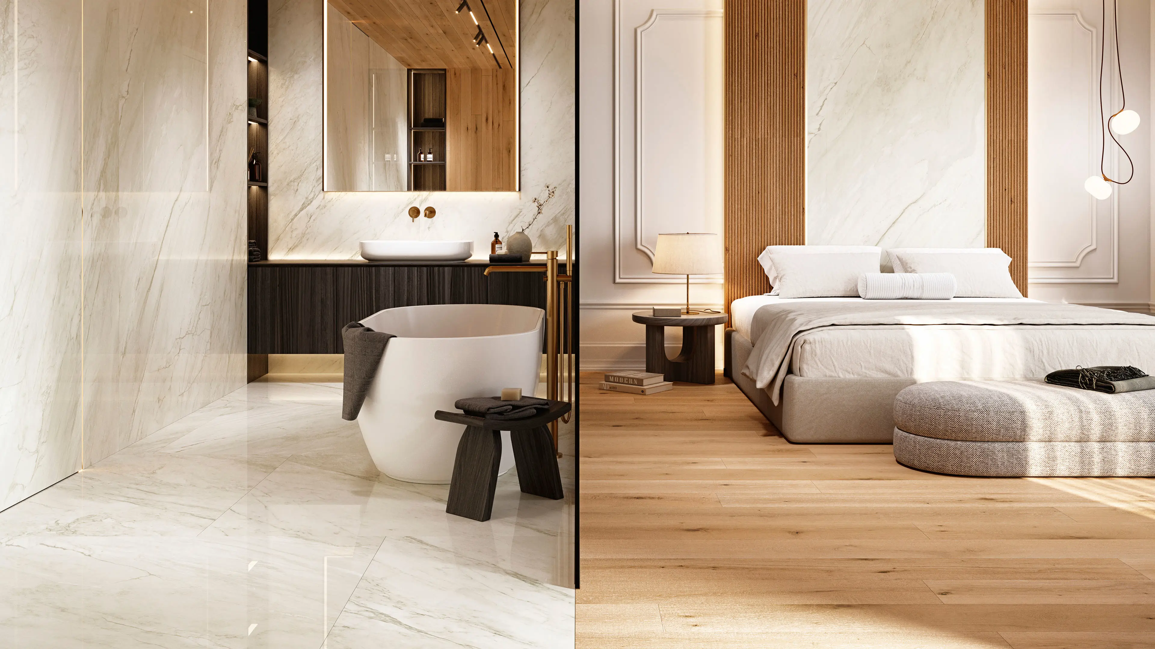 Badkamer en slaapkamer met Porcelanosa London tegels: marmerlook wand en houtlook vloer