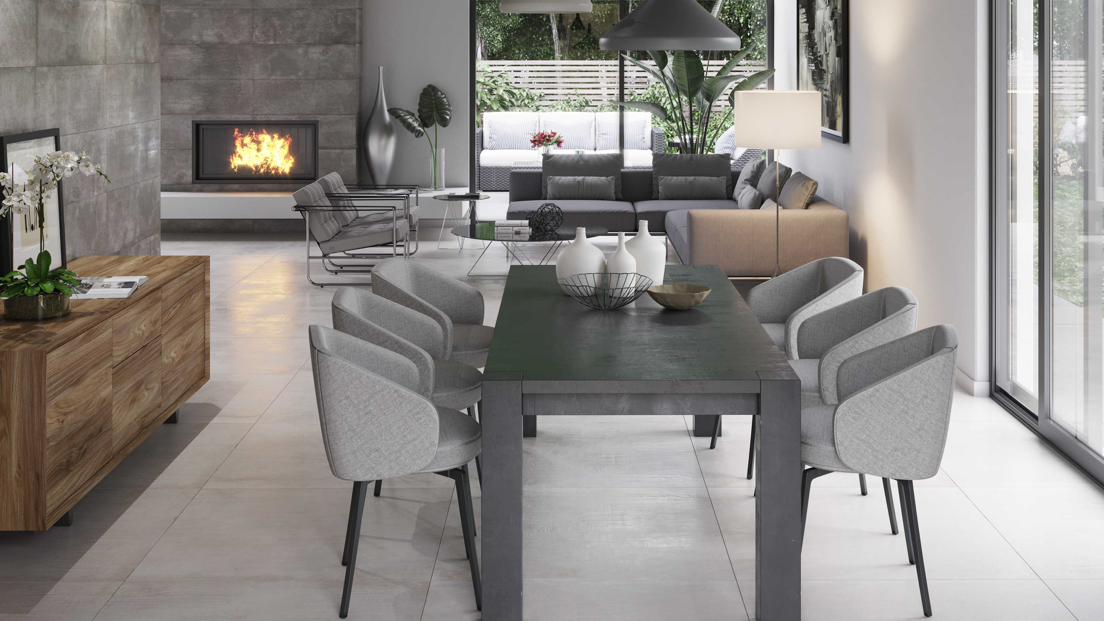 Eetkamer met Porcelanosa Newport tegelvloer, grijze stoelen en open haard